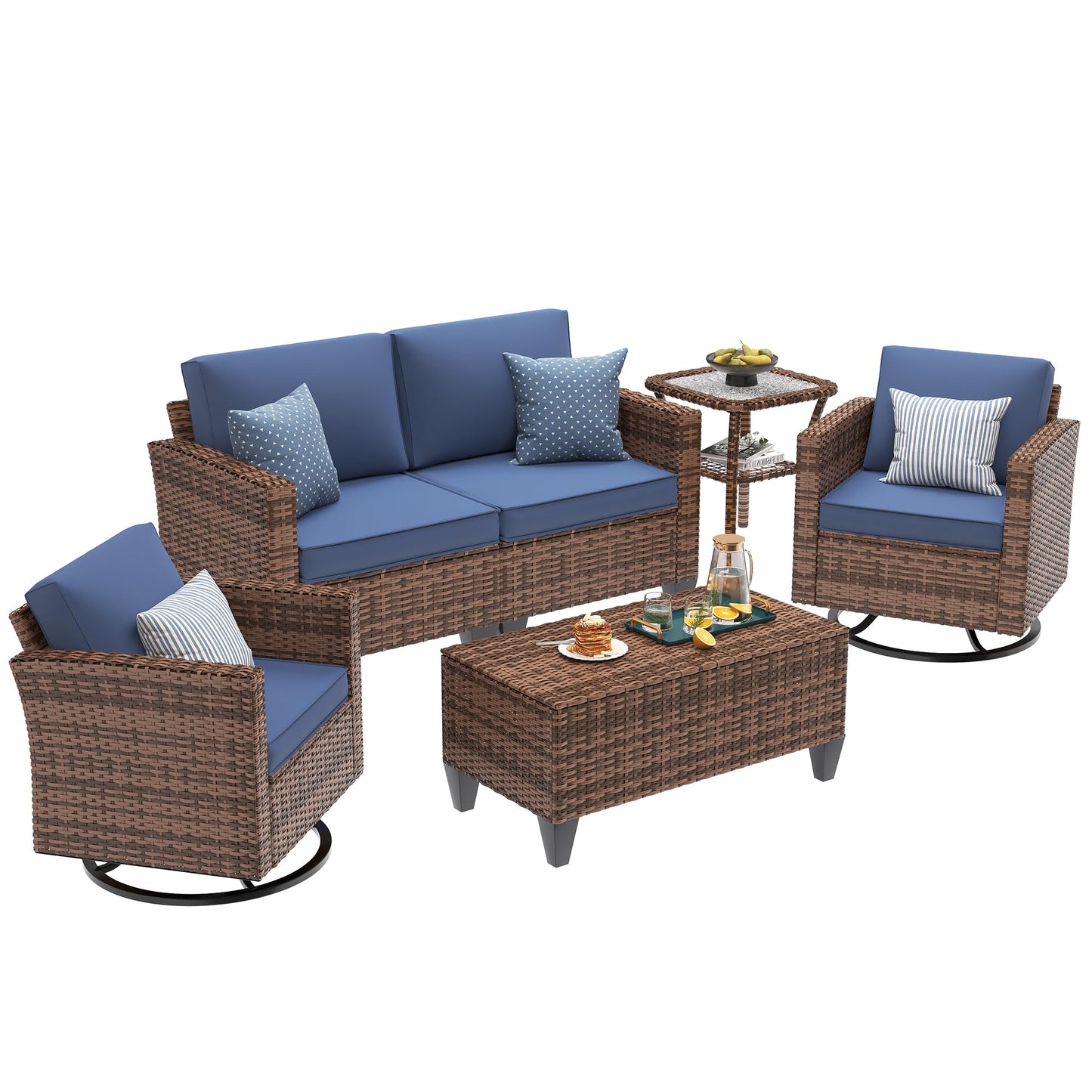 UDPATIO Patio Furniture Set, 5 Pieces Outdoor Conversation Sets with Rocking Swivel Chairs, Wicker Rattan Outdoor Sofa Set with Storage Table and Waterproof Covers for Backyard, Deck, Porch, Navy