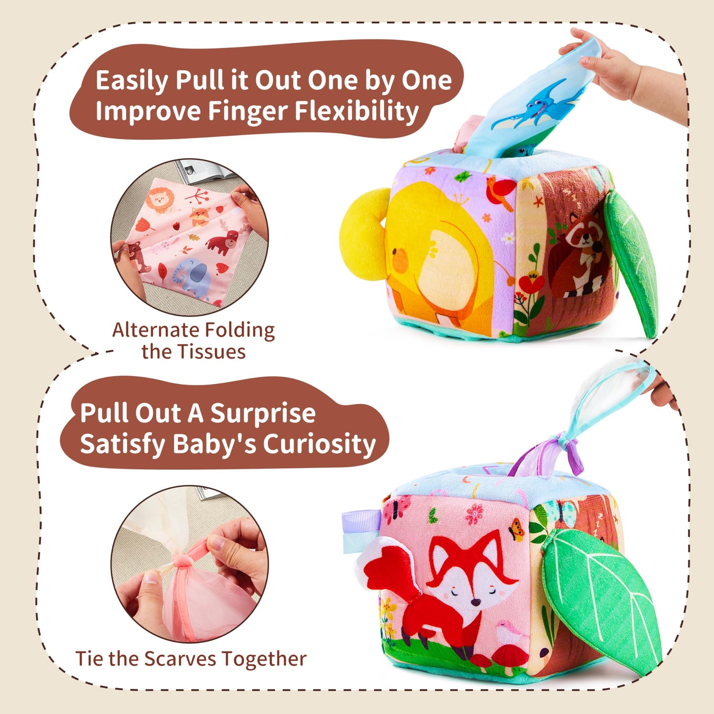 Yeeeasy Baby Tissue Box Toy, Montessori Sensory Toy for Babies 6–12 Months, Infant Early Learning Toy with Mirror, Textured Tails & Squeaky Sounds, Baby Gift for Boys & Girls
