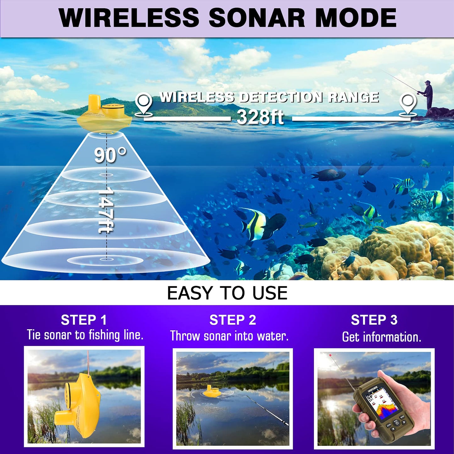 LUCKYLAKER Sensor Handheld Fish Finder Water LCD Boat Depth Finder Display Transducer Wireless Waterproof Fish Finders Transducer Fishing Gift