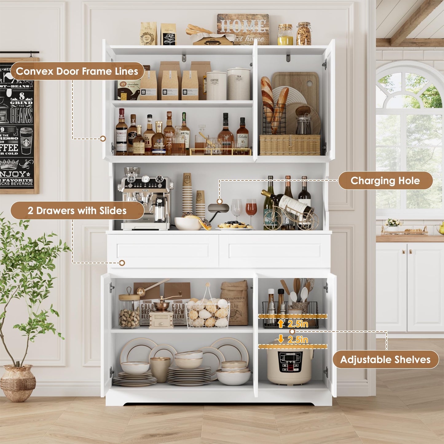 FACBOTALL 74" Pantry Cabinet, Tall Kitchen Pantry Cabinet with 6 Doors and 2 Drawers, Kitchen Hutch with Wide Countertop, Modern Kitchens Cupboard with Adjustable Shelves and Charge Holes, White