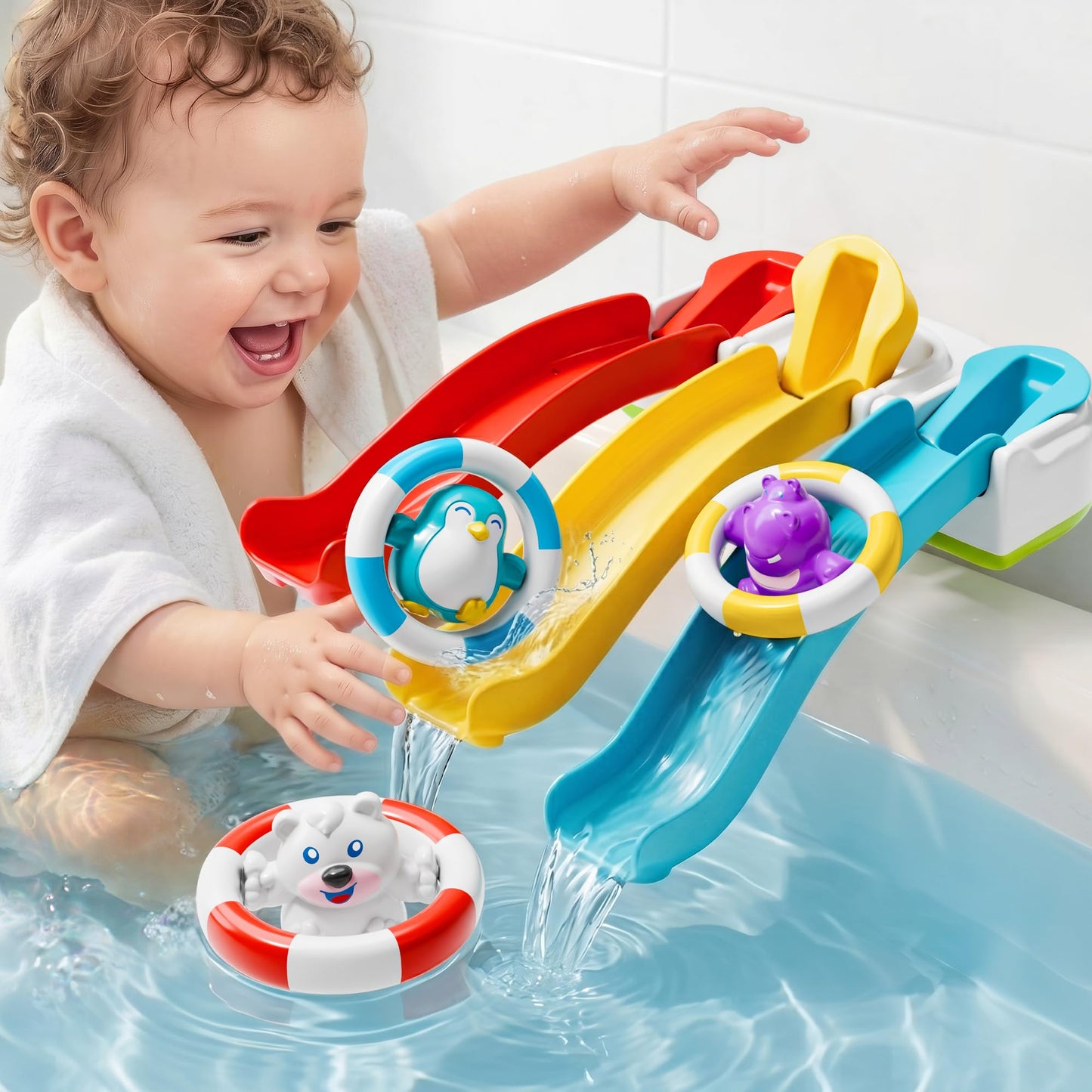iPlay, iLearn Baby Slide Bath Toys for Toddlers 1-3, Infant Bathtub Shower Toy Set, Fun Bathtime Floating Animals, Kids Bathing Tub Pool Water Playset, Birthday Gift 12 18 Months, 1 2 3 Yrs Boys Girls