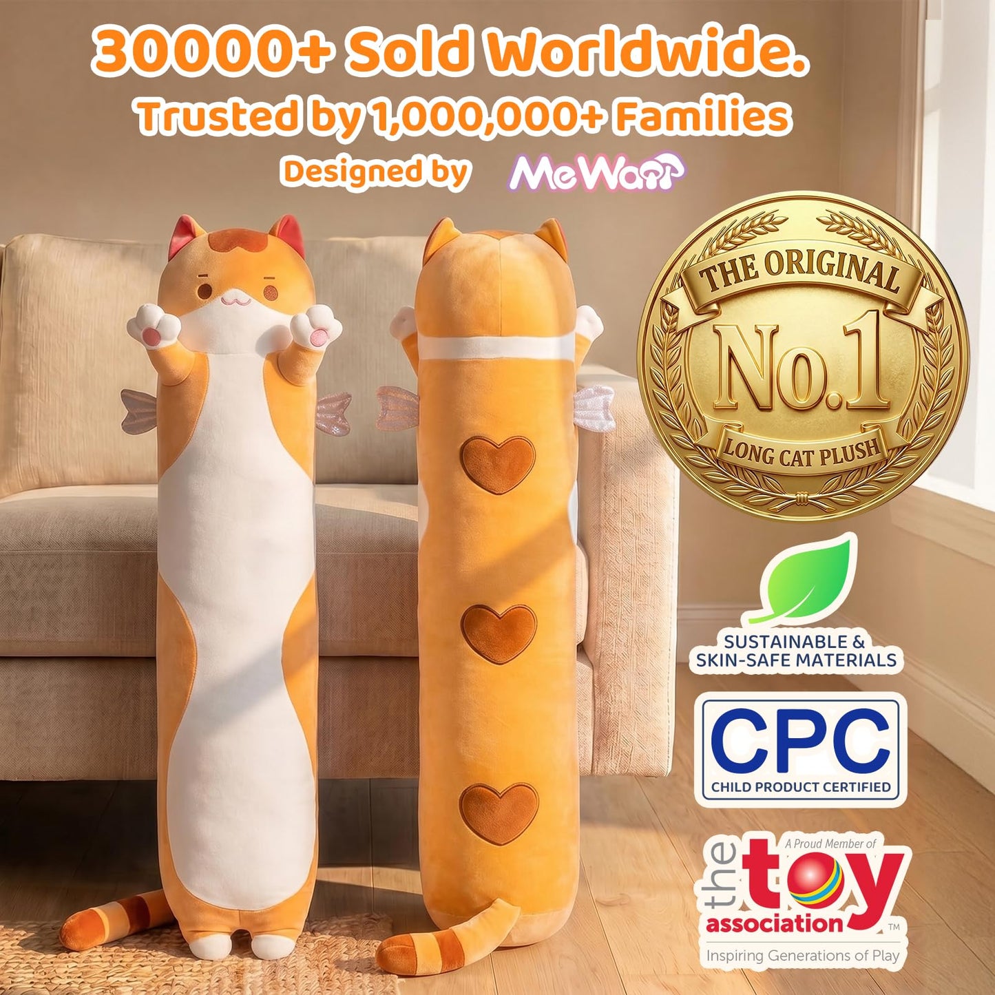 Mewaii Long Cat Plush 5 Sizes, 120% Extra Filling Giant Plushness Kids Body Pillow, Kawaii Cute Brown Cat Stuffed Animals Plushies, Big Long Body Pillow Cat Plush Gift for Girls 36”