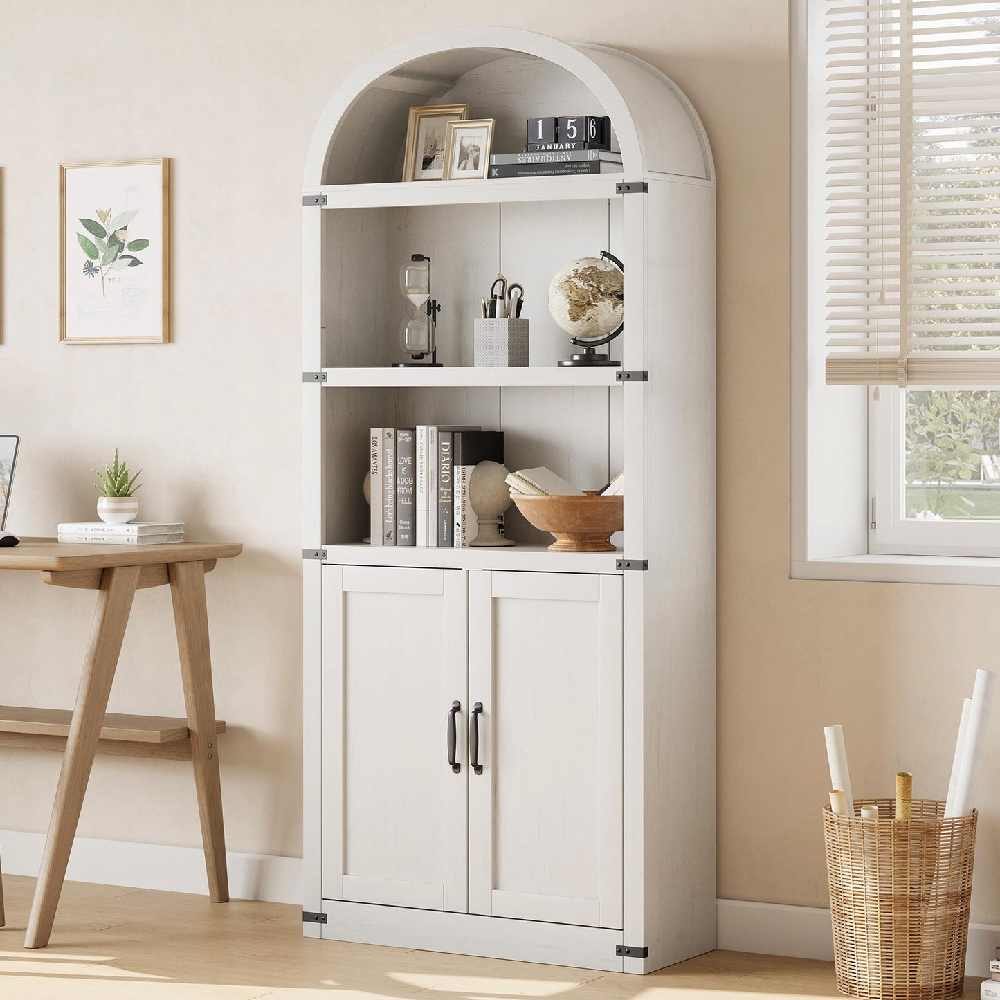 GarveeHome Bookcase with Doors Arched Bookshelf 71.65 in Tall Bookcase Farmhouse Cabinet with Shelves Wooden Bookshelves for Home Office, Living Room