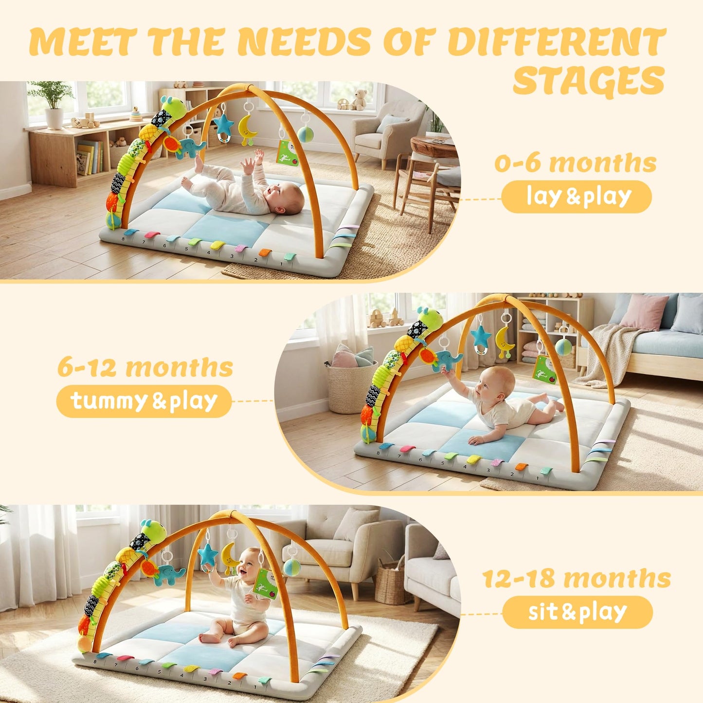 Kidmoze Baby Gym, with 5 Detachable Toys and Baby Sensory Toy Play Gym, Promote Motor Skills & Sensory Development Mat, Newborn Infant Baby Essentials Gift.