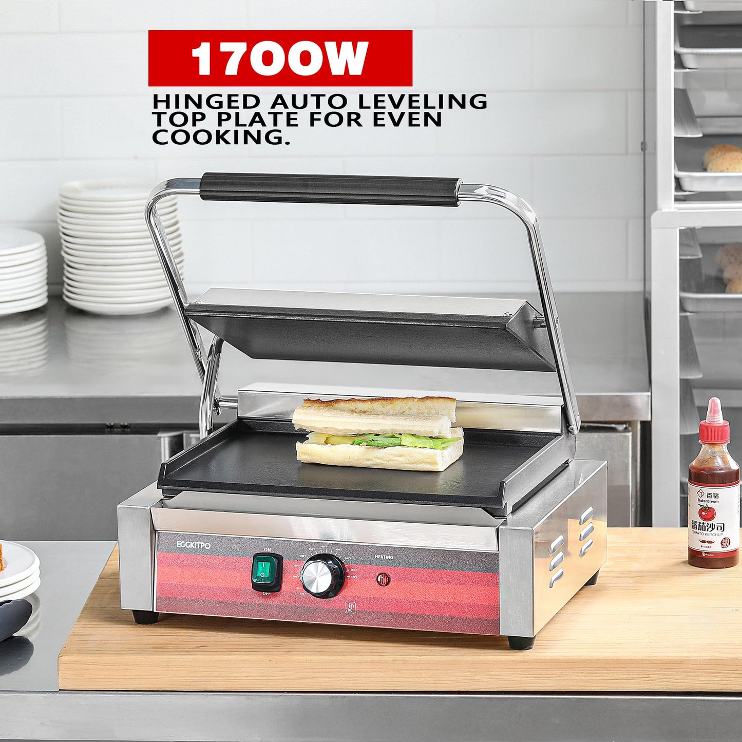 EGGKITPO Commercial Electric Panini Grill with Flat Plates Stainless Steel Sandwich Maker 14"× 9.5" Cast Iron Enamel Plate Countertop Panini Press with Temperature Control for Business 110V 1700W