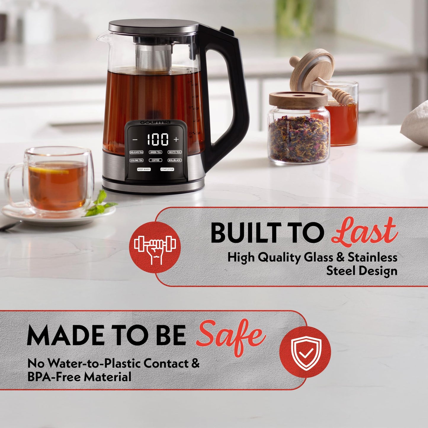 Gourmia Electric Programmable Glass Kettle – 1.7L Temperature Control Tea & Coffee Kettle with Digital Touch Display, 6 Presets, Keep Warm, Removable Stainless Steel Infuser, 360° Swivel Base – Black