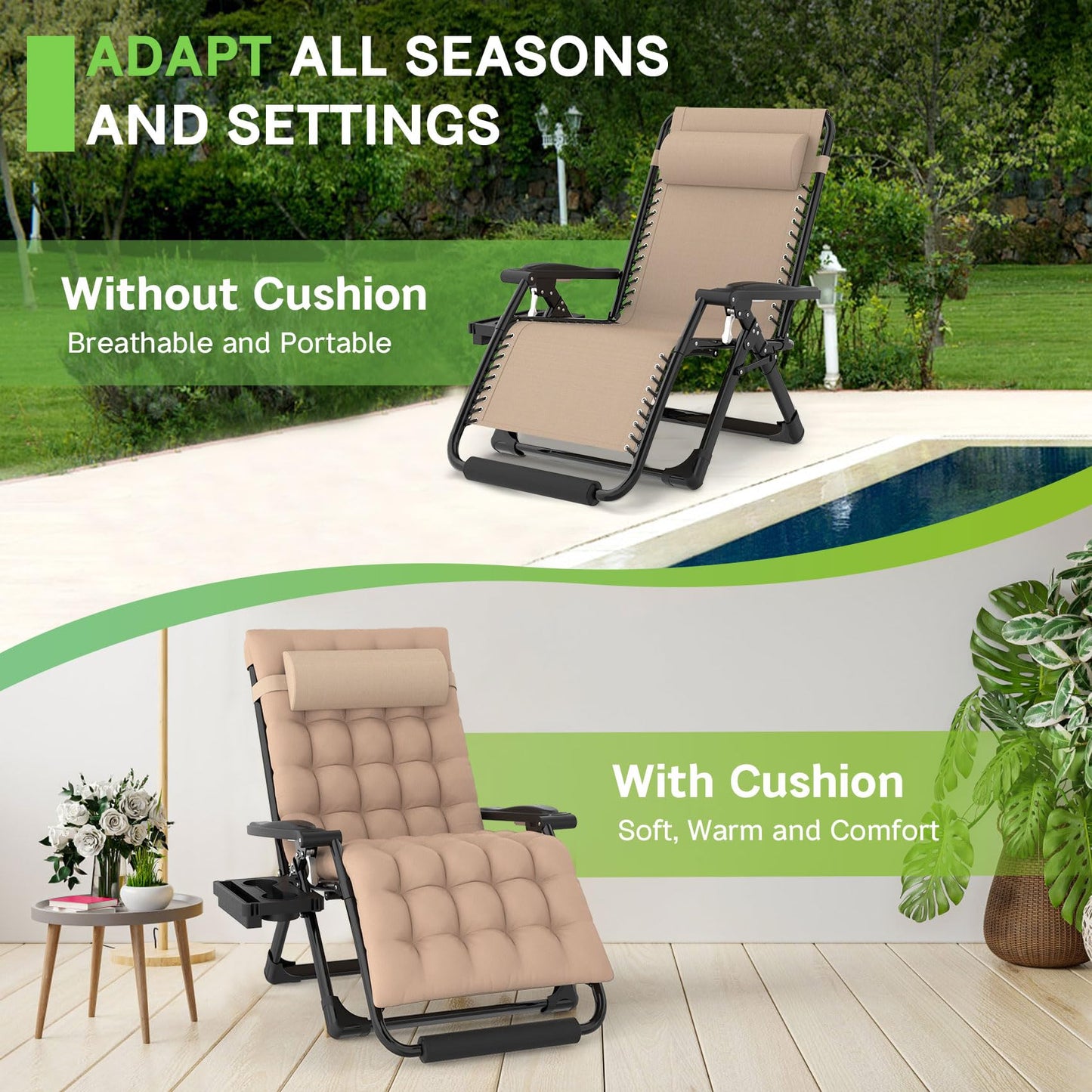ZENPETIO Oversized Zero Gravity Chair, 33In XXL Zero Gravity Recliner Lounge Chair, Anti Gravity Chair for Indoor and Outdoor, Reclining Camping Chair for Lawn and Patio w/Cushion and Footrest, 500LBS