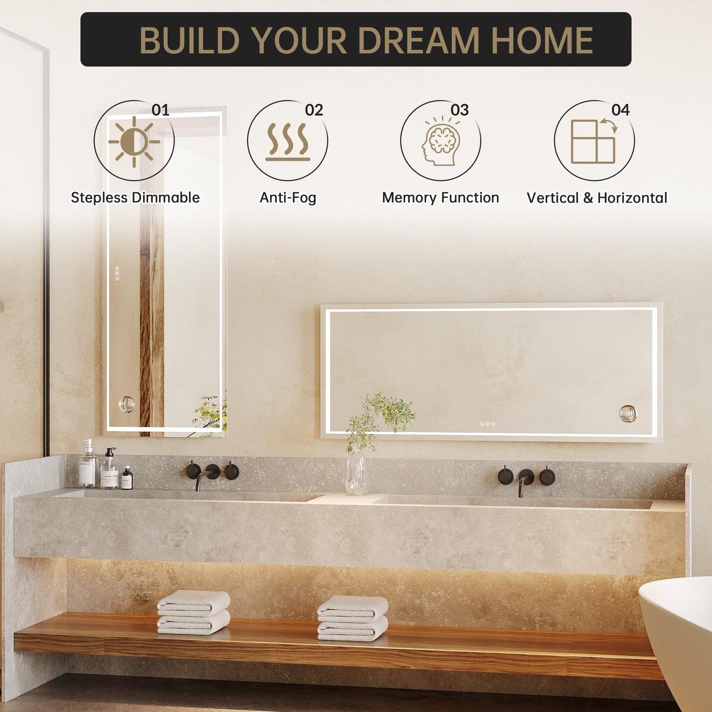 PeakPursuit 60x36 LED Bathroom Vanity Mirror with 3X Mirror, Anti-Fog, 3X Mirror, Backlit + Front Lit, Memory Function, Shatterproof Tempered Glass, Smart Wall-Mount Makeup Mirror