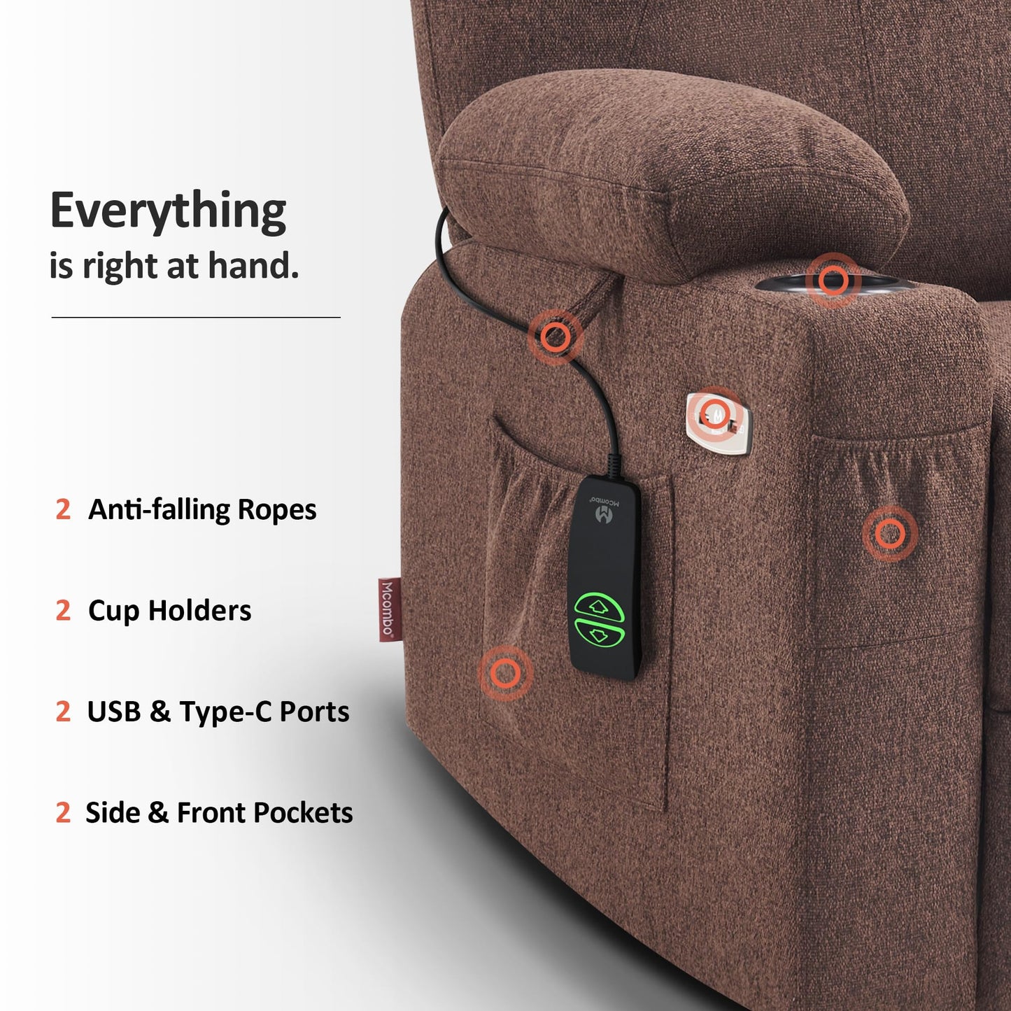 MCombo Power Lift Recliner Chair for Elderly, Lift Chair with Heat and Massage, FSC Certified, USB&Type C Ports, Cup Holders, Fabric 7040 (Medium,Coffee)