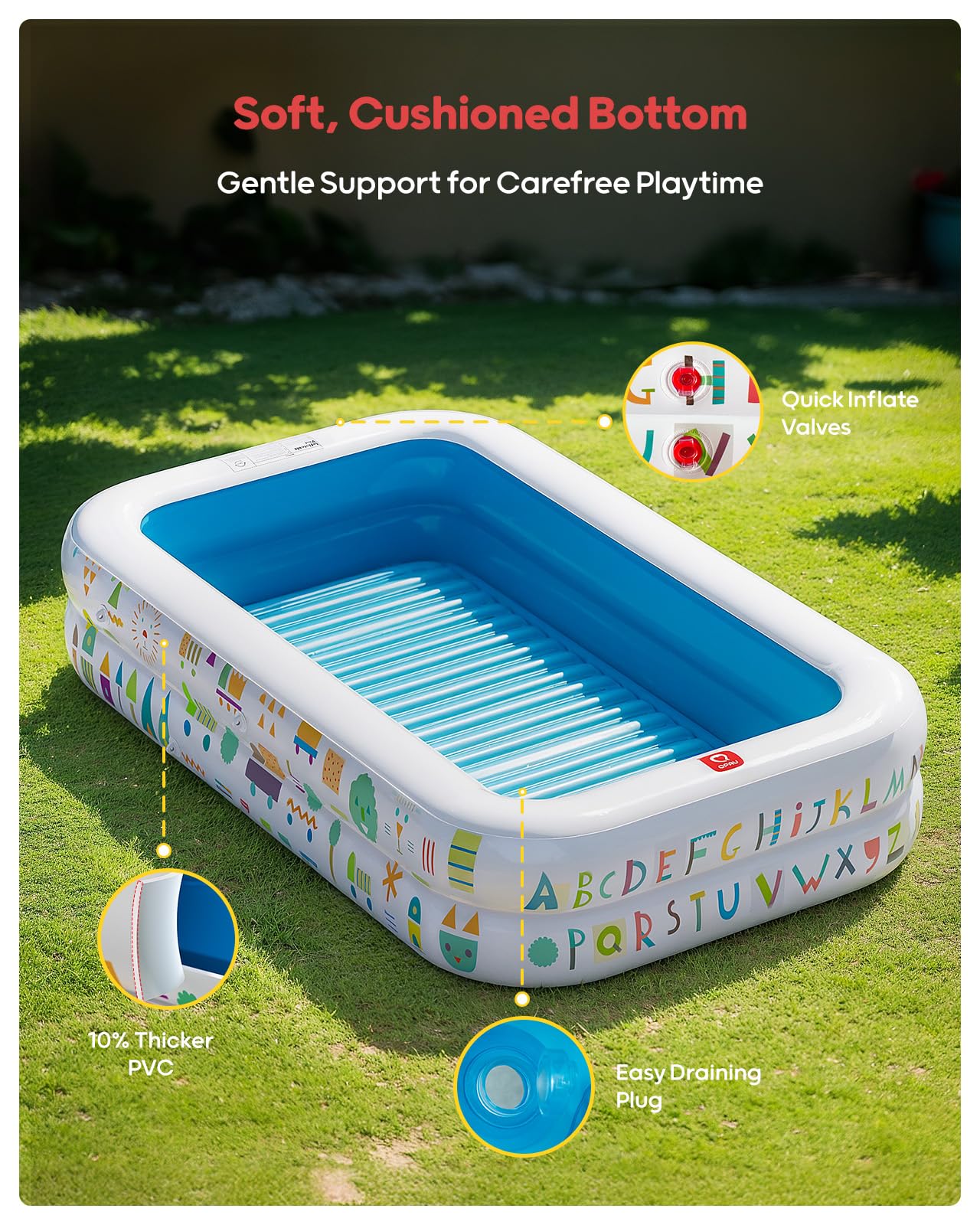 QPAU Kiddie Pool – 65" x 39" Inflatable Pool for Kids & Toddlers, Ball Pit & Baby Pool with Soft Cushioned Floor, Canopy for Sun Protection, Durable Outdoor Play Toys for Backyard & Indoor (Blue)
