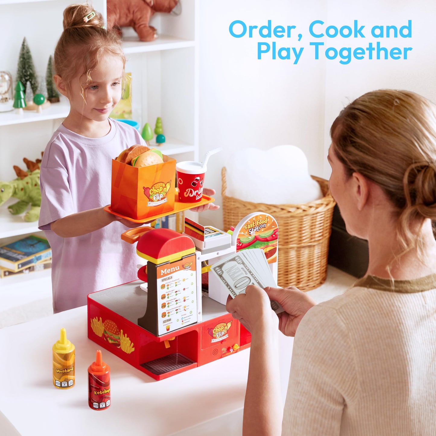 lalalark Restaurant Play Food Set Toy, 40+ PCS Fast Food Playset with Potato Cutter, Simulated Frying Effect & Lights, Order, Card & Drink Station, Interactive Role Play Toy Birthday Gift