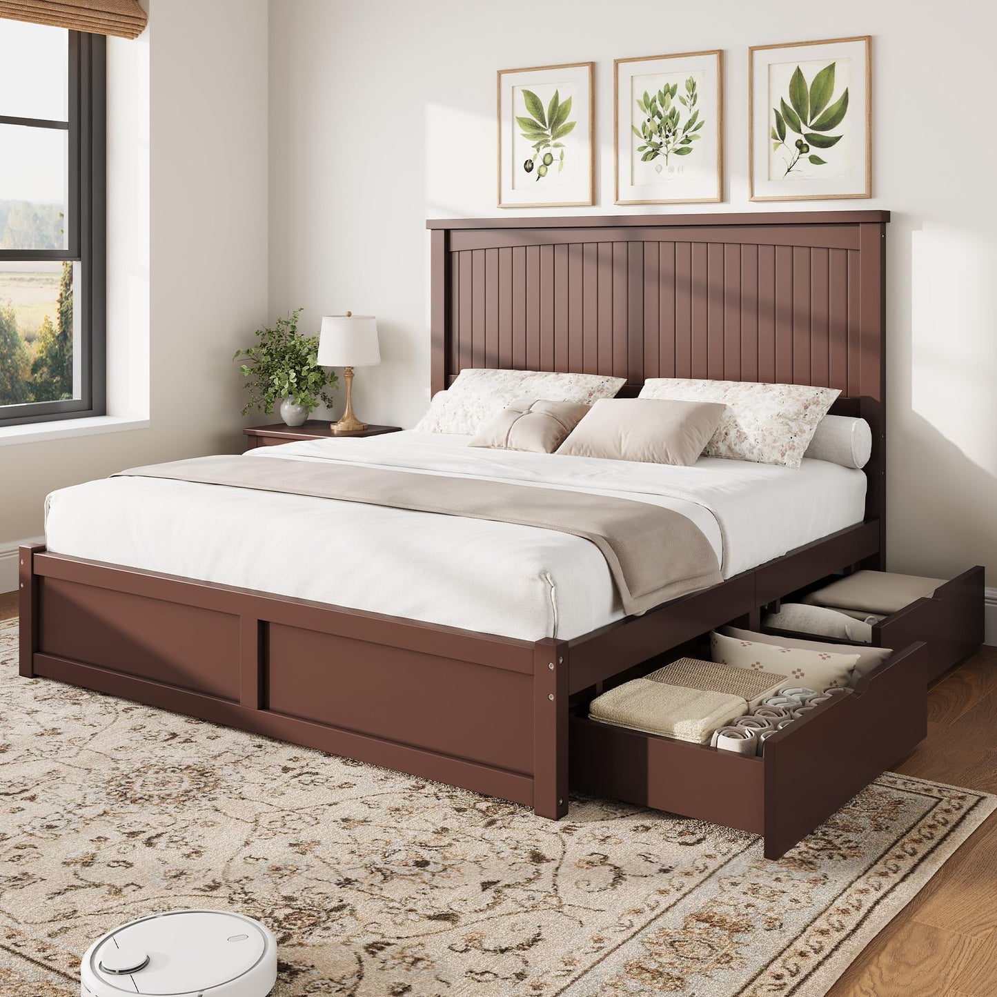 AMERLIFE Queen Size Solid Wood Bed Frame with 50" Tall Headboard, Mid-Century Modern Bed with Storage Drawers, Clean Wooden Platform Bed, 2 Side Drawers/No Box Spring Needed/Espresso Walnut
