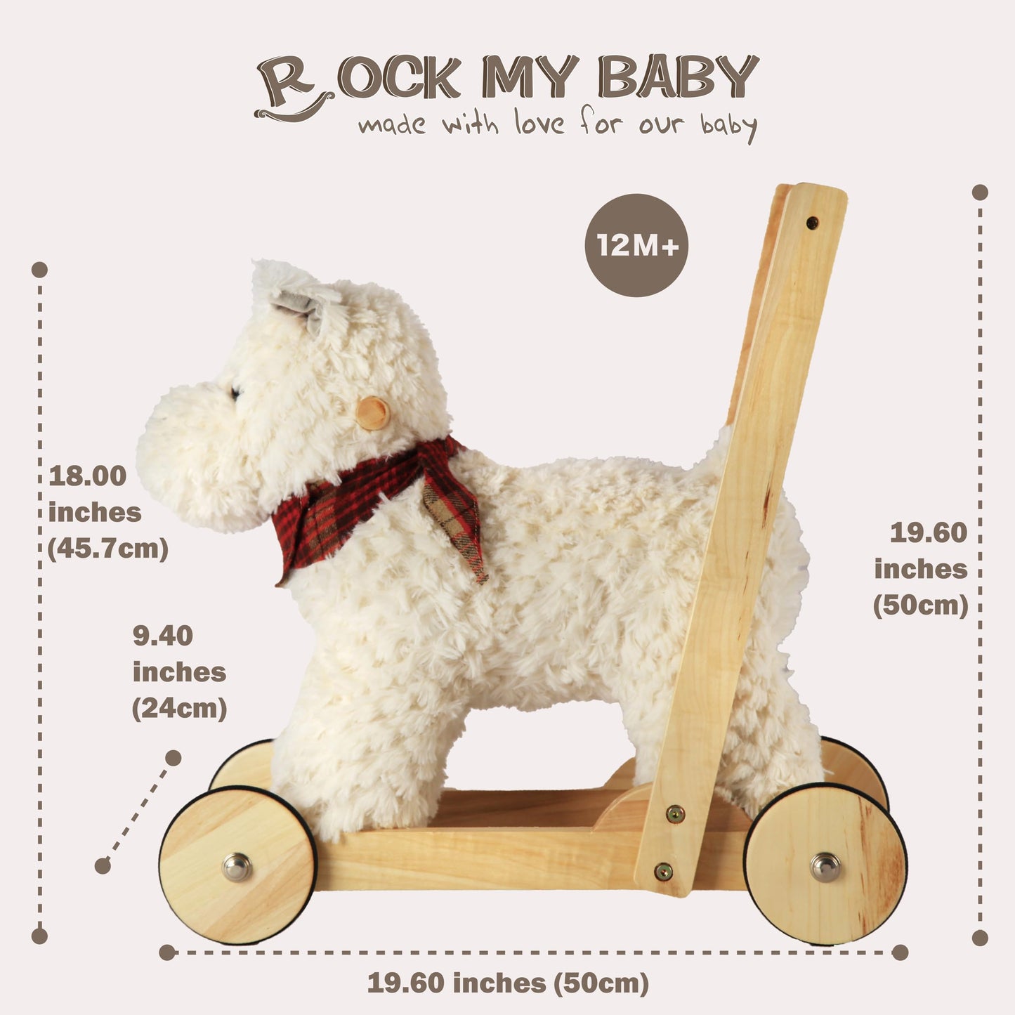 Rock My Baby Wooden Baby Walker, Baby Push Walker with Wheels for 12M+, Toddler Learning to Walk Toy with Sweet Music ＆ Animal Seat 2 in 1 Sit-to-Stand Walker Toy Gift for Boy Girl (Scottie Dog)