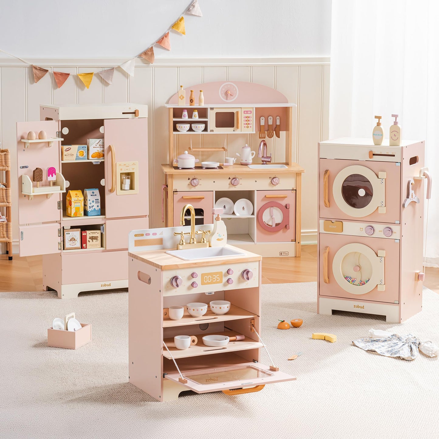 ROBUD Wooden Play Kitchen, Kids Kitchen Playset, Toy Kitchen Set with Fridge, Washing Machine, Dishwasher Toddlers Kitchen Playset Gift for Boys & Girls, Age 3+ (Pink)