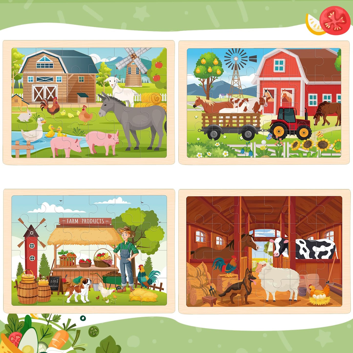4-in-1 Farm Wooden Puzzles for Kids Ages 4-6, 24 PCS Wooden Jigsaw Puzzles for Toddlers Ages 3-5, Preschool Educational Puzzles Boards Toys Gifts for 3 4 5 6 Boys Girls