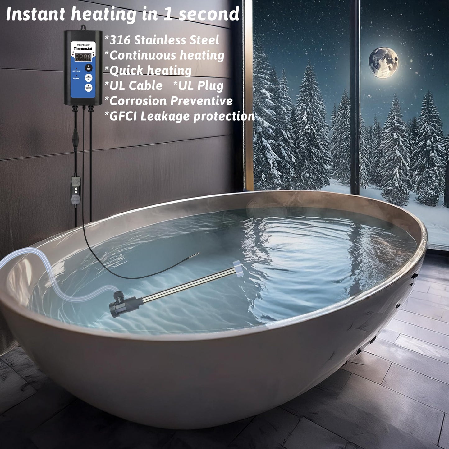 XCLBTFDC 1000W Immersion Water Heater Portable Electric Hot Tub and Bathtub Fully Submersible Water Heater with Thermostat, GFCI Leakage Protection for Hot Tub, Water Trough, Buckets, pool Easy to use