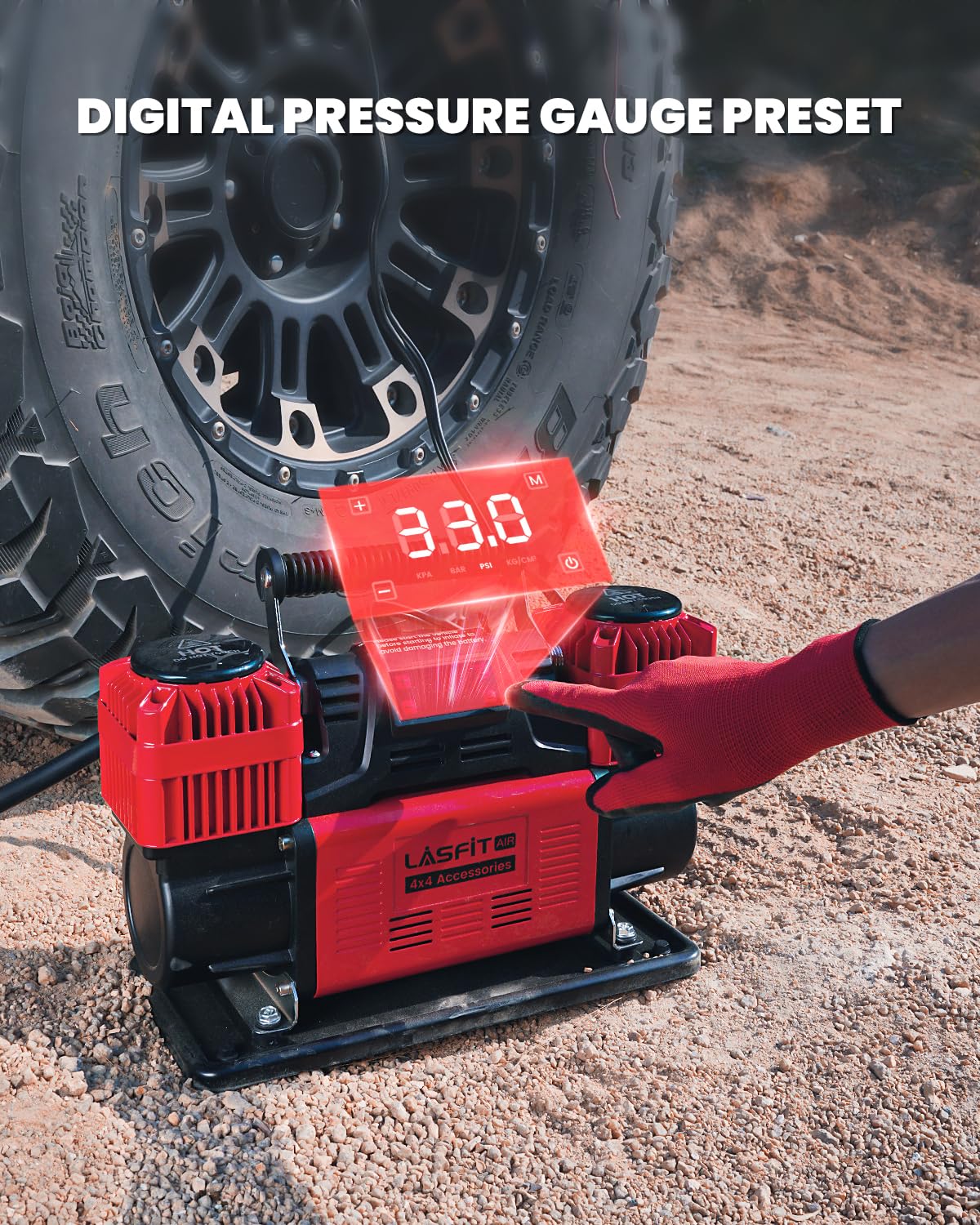 [2026 Upgraded] LASFIT X4 Off Road Air Compressor [Dual Cylinder with Auto Stop] Heavy Duty Portable Air Compressor Tire Inflator Air Pump w/Digital Pressure Gauge for 4x4 Vehicles, Trucks, RVs