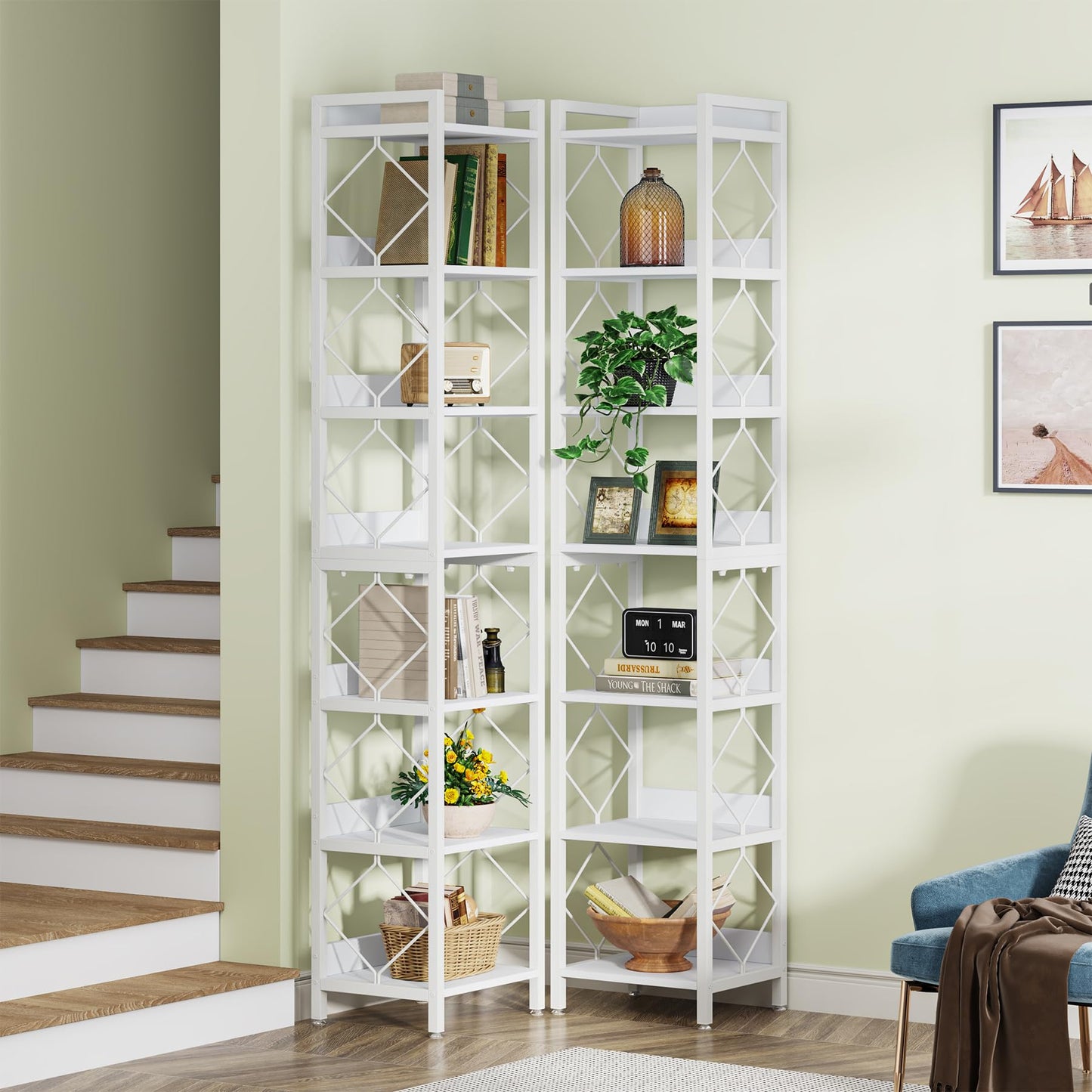 Tribesigns 78.7 Inch Extra Tall Narrow Bookshelf, 7 Tier Skinny Bookcase for Small Spaces, Freestanding Display Shelves, Multifunctional Corner Storage Organizer for Home Office, White