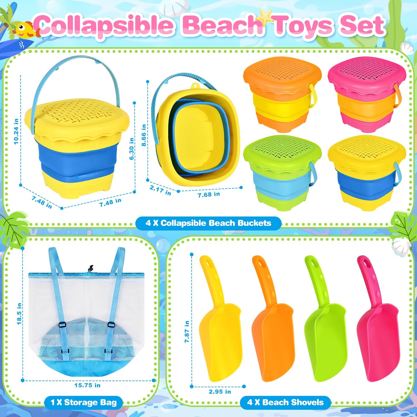 OCHIDO 4 Pack Collapsible Beach Toys for Kids Toddlers, Sand Toys with 4 Collapsible Beach Bucket with Sifter, 4 Beach Shovel and Storage Mesh Bag, Travel Sandbox Toys Beach Essentials for Age 3-10