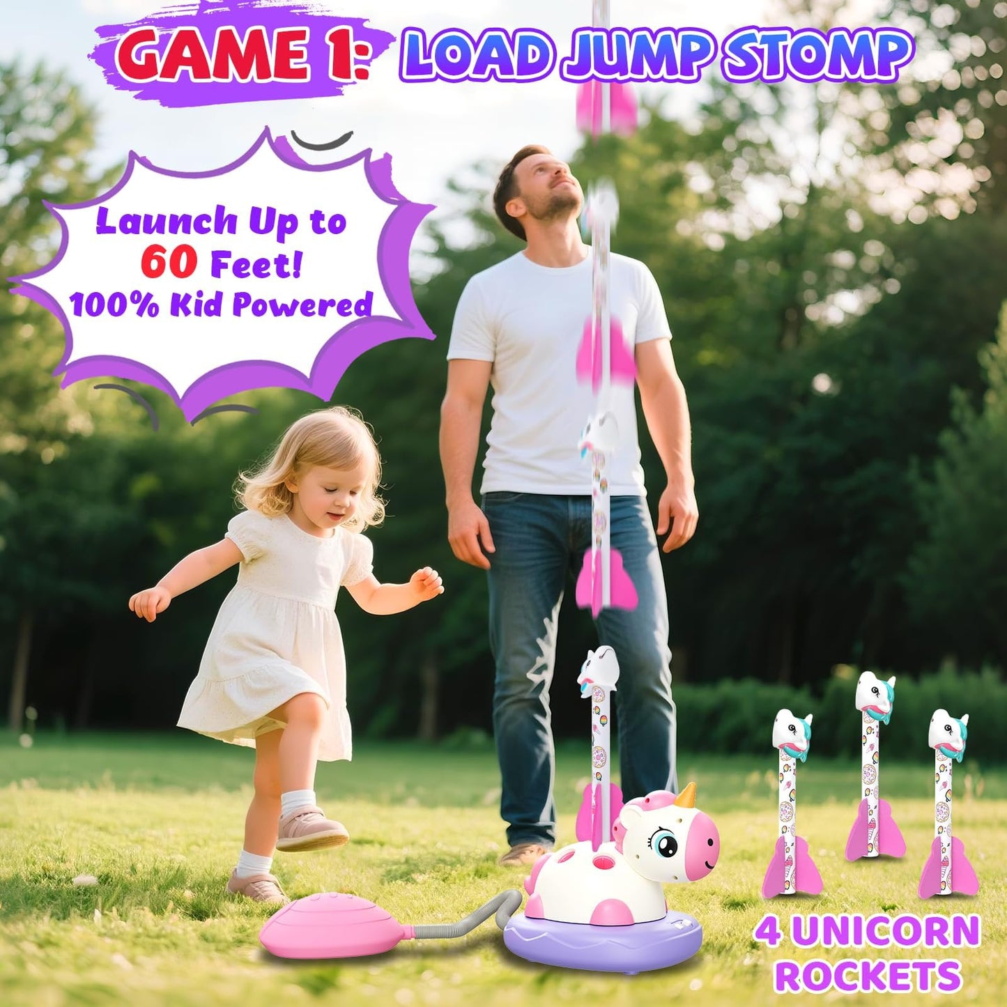 3 in 1 Unicorn Rocket Launcher, Ring Toss & Musical Jump, Outdoor Jumping Spinning Toy for Kids Ages 3-8, Indoor Active Play Set for Boys Girls, STEM Learning Birthday Gift for 3 4 5 6 7 8 Years Old