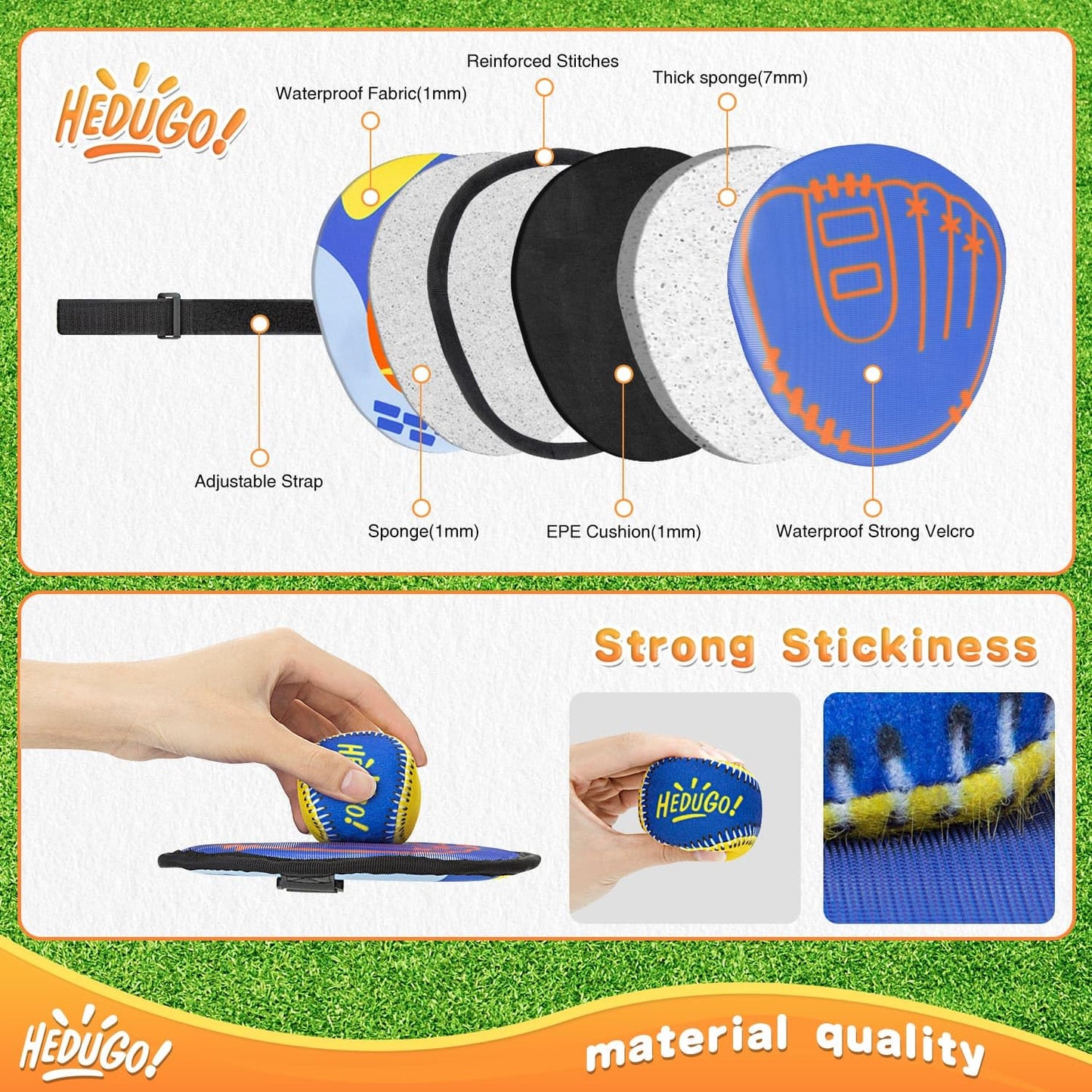 HEDUGO Ball and Catch Game Toss and Catching Ball Set Outdoor Toys for Kids at The Beach, Yard, Lawn Pool or Park Outside Games 4 Paddles 4 Balls Family Games for Kids and Adults Baseball Toys Gifts