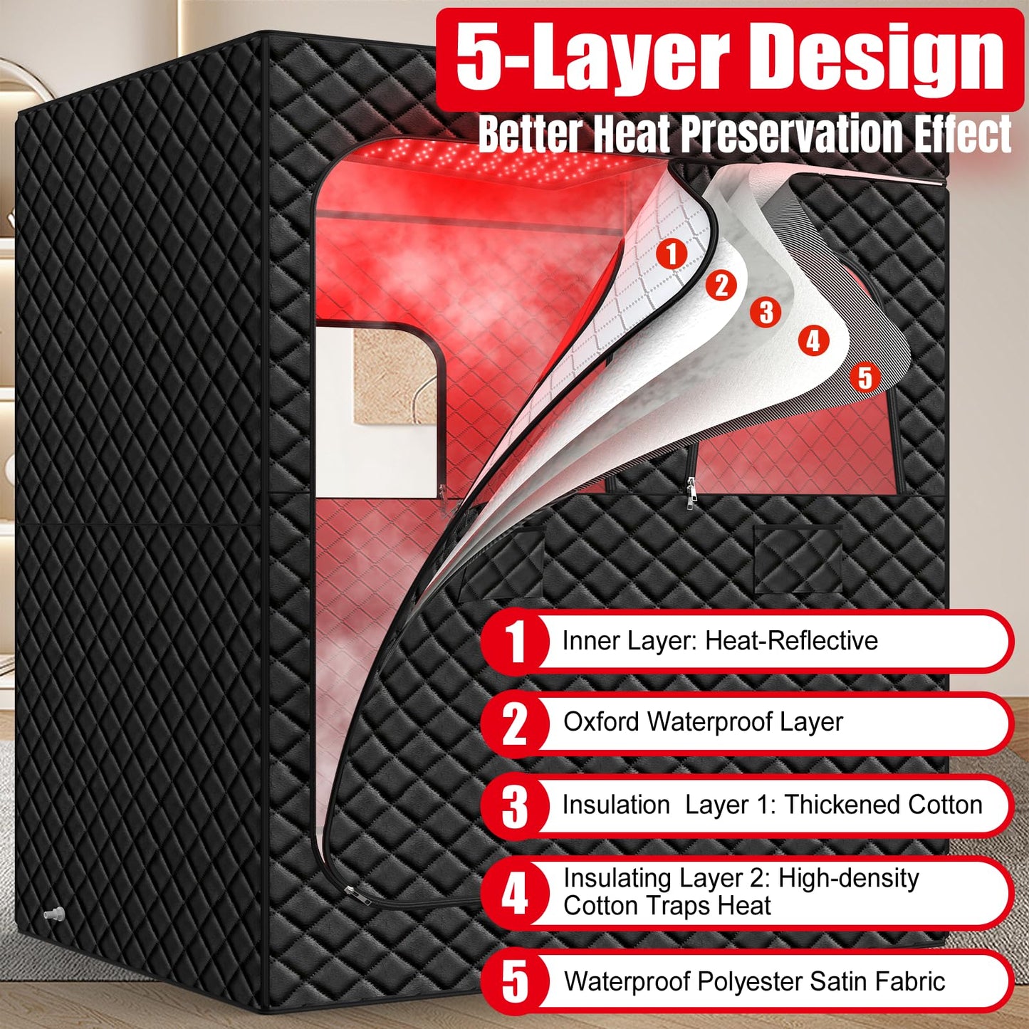 2 Person Infrared Sauna Box for Home, Portable Steam Sauna Room with 660nm+850nm Red Light Therapy Lamp, 5-Layer Waterproof, 2 Steamers, 2 Folding Chair, 2 People Red Light Sauna