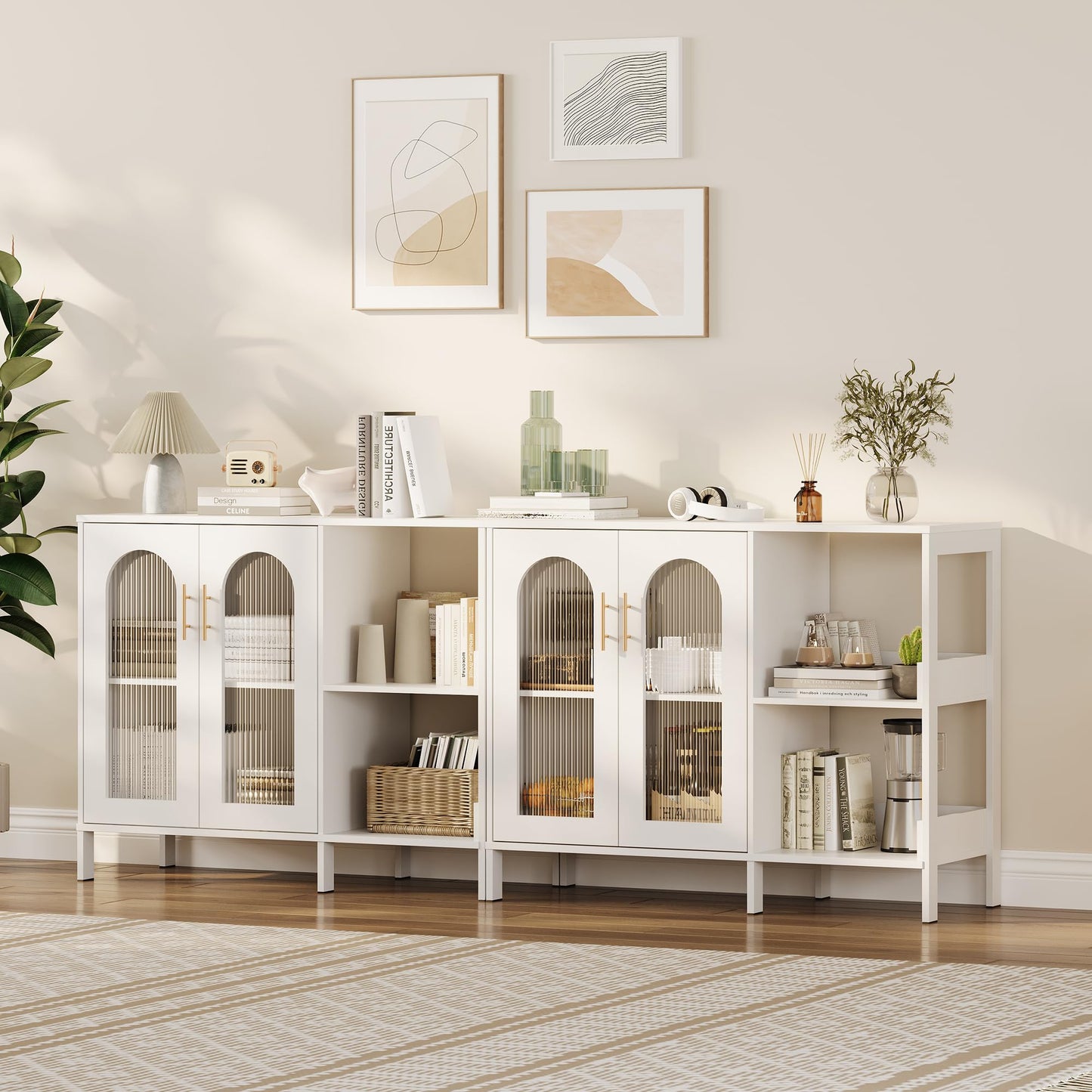 GAOMON Buffet Sideboard Cabinet, Wooden Storage with Glass Doors, Two Metal Handle, Storage Cabinet with Adjustable Shelves, Modern Sideboard for Living Rome, Kitchen, Dining Room,White