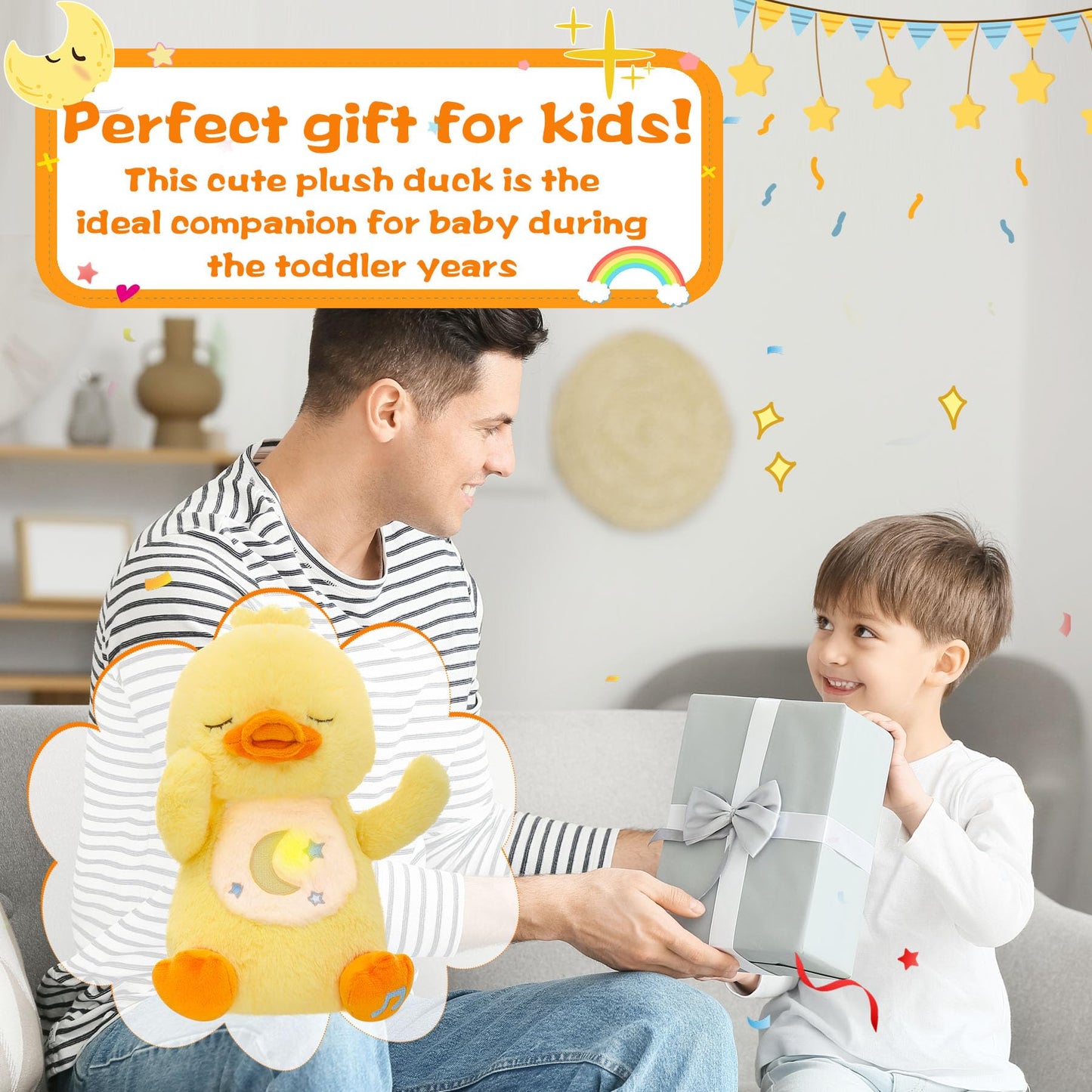 MIAODAM Soothing Cuddle Plush Toy, Breathing Stuffed Animal Duck Plush with Realistic Breathing Action and Relaxing Music, for Babies and Toddlers, Hugging Plush for Emotional Comfort