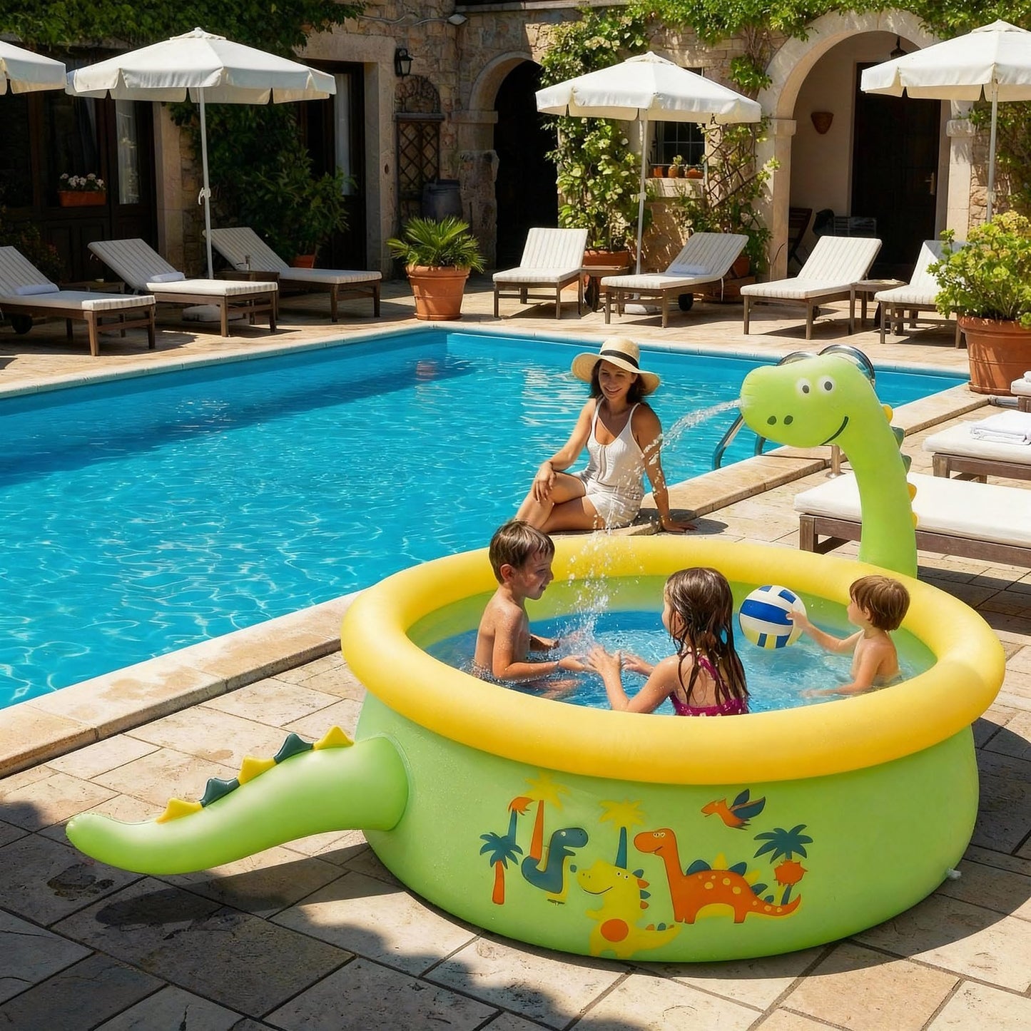 Tasdurian Dinosaur Inflatable Kiddie Pool Splash Pads for Toddlers Kids Splash Pads with Sprinkler Outdoor Blow up Mat Baby Dinosaur Play Swimming Pool for Backyard Garden, 69 x 24 in