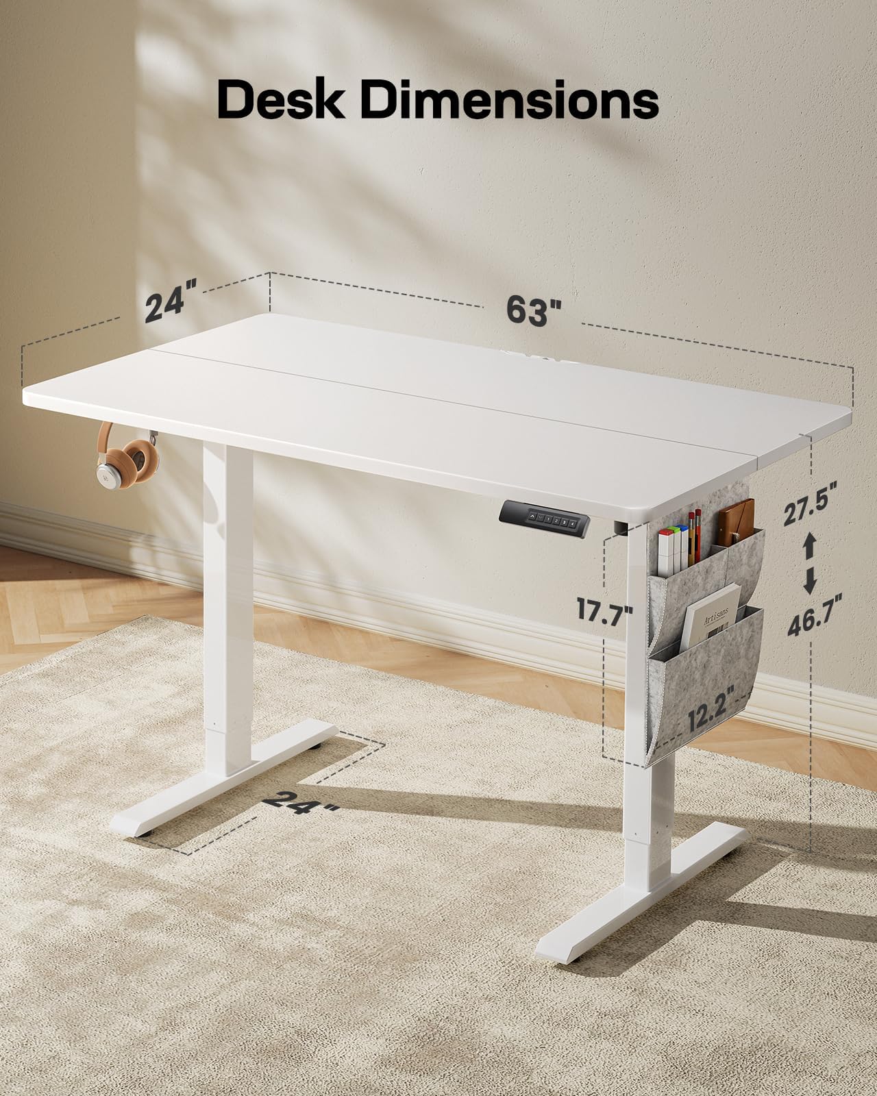 Marsail 63x24 Electric Standing Desk Adjustable Height, Stand up Desk with Storage Bag, for Home Office Computer Desk Memory Preset with Headphone Hook