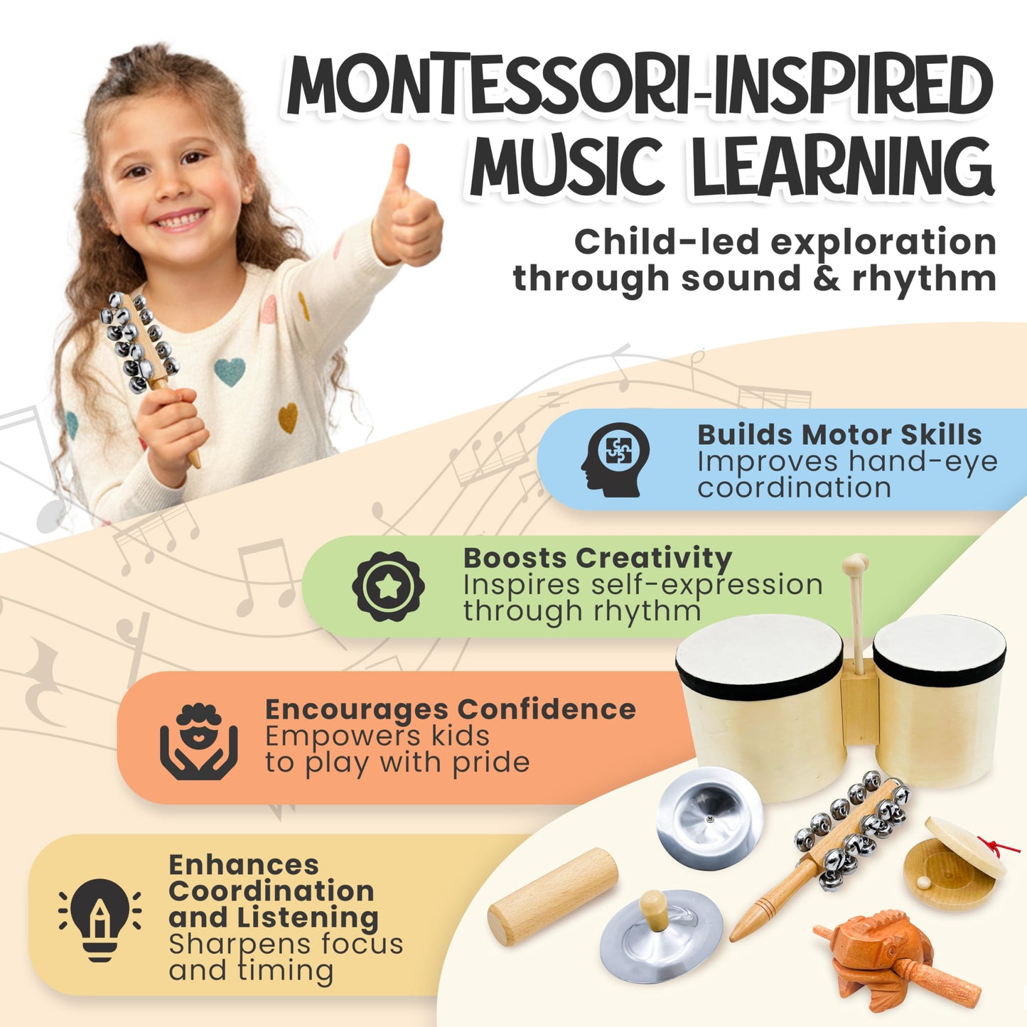 Toddler Drum Set & Musical Instruments for Toddlers – Montessori Wooden Percussion Instrument Set with Bongo Drum, Jingle Bells, Cymbals, Castanet & Guiro | Ages 3+
