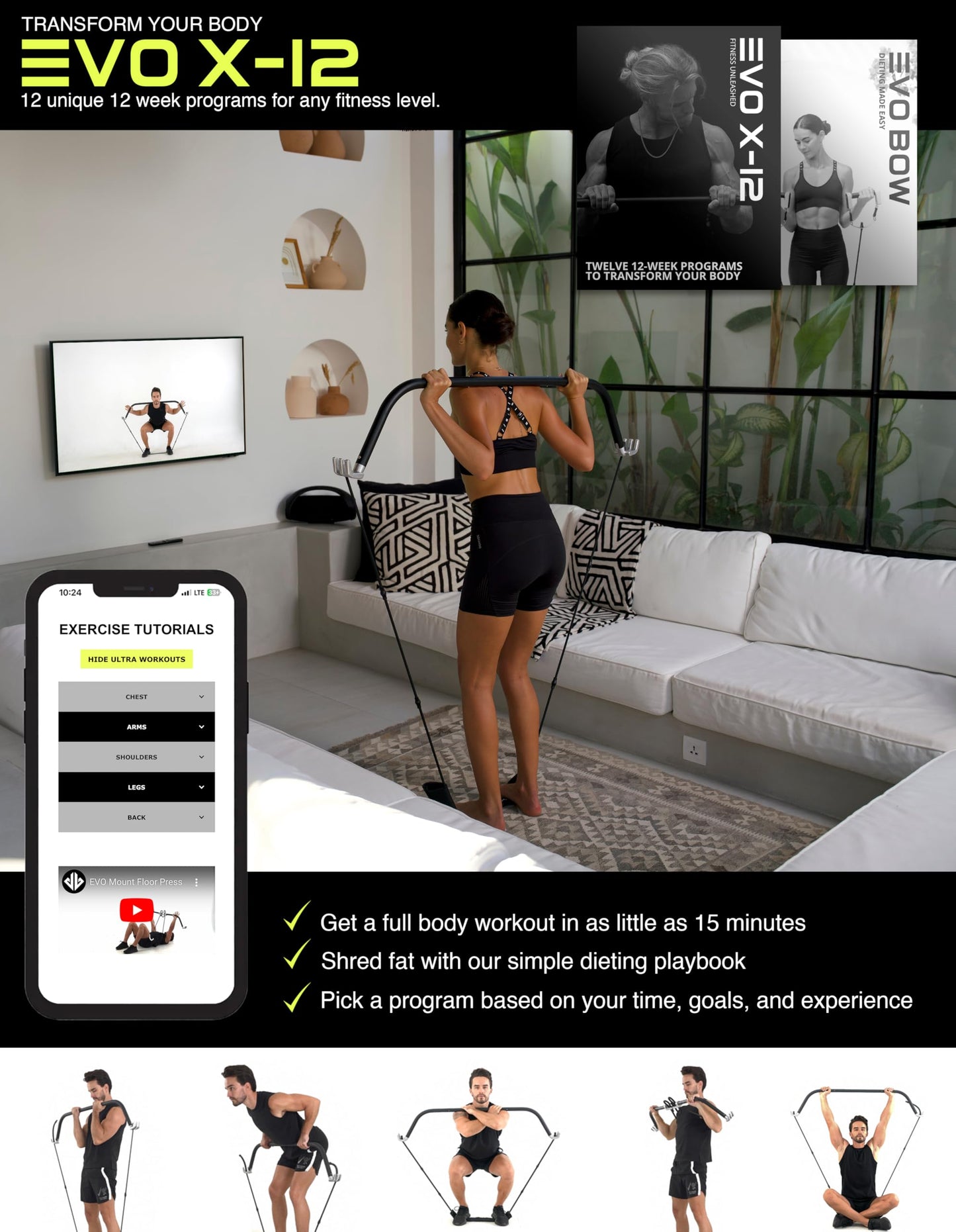 EVO Bow - All in One Portable Home Gym System with Weighted Pushups | Compact Strength Training and Exercise Equipment for Travel with Notched Resistance Bands for Full Body Training | 300lbs (Ultra)