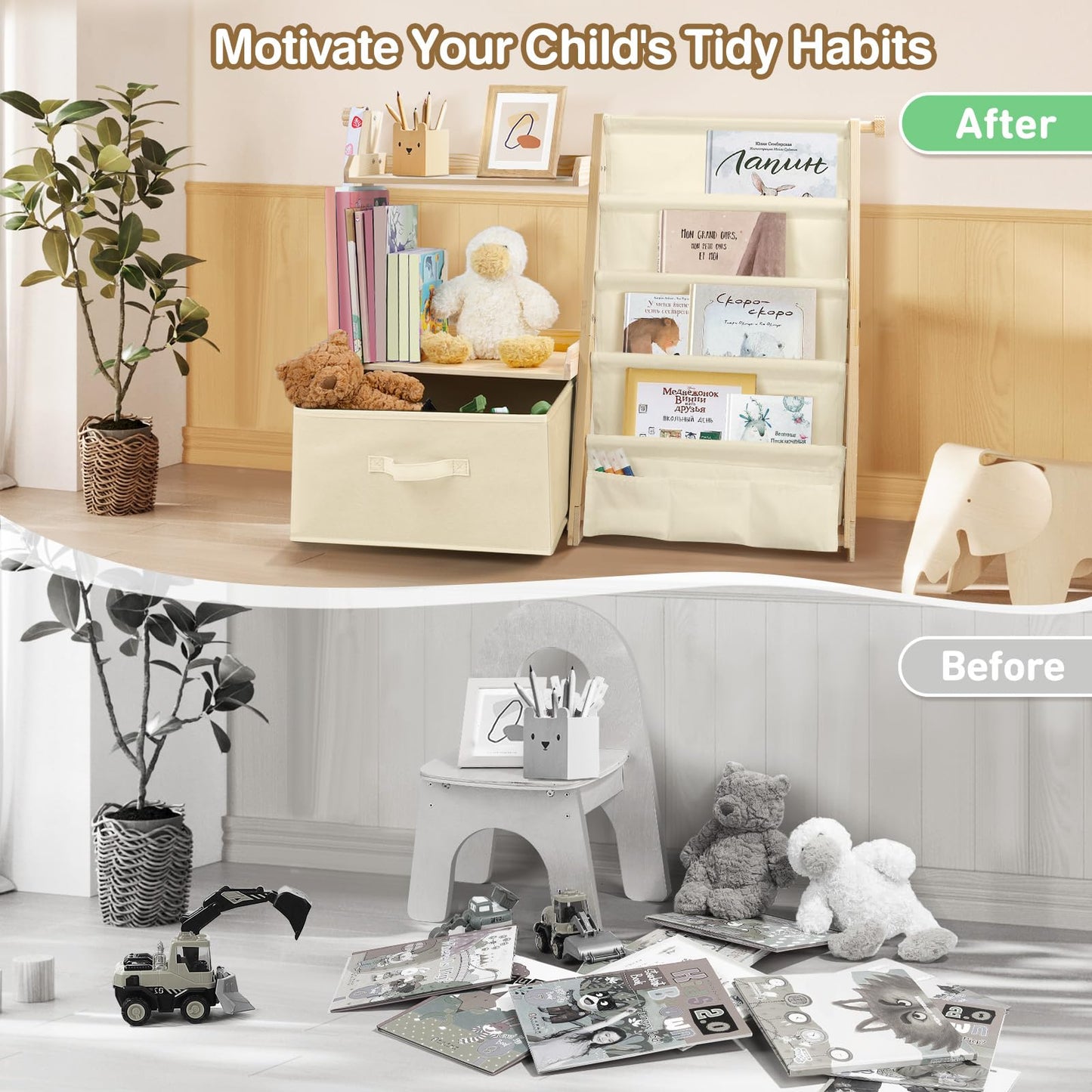 wooshwa Kids Bookshelf and Toy Organizer 2 in 1,Book Shelf for Kids Rooms with Movable Toy Bin,4 Tier Toddler Sling Book Rack for Nursery Bedroom Playroom (Beige)