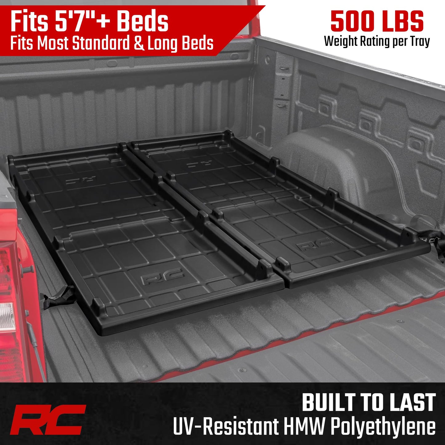 Rough Country Slide-Out Truck Bed Cargo Tray - Long Bed Organizer for 5'7"+ Beds, Heavy-Duty Polyethylene, UV-Protected, Easy Tailgate Access