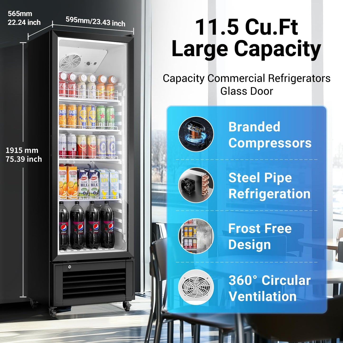 BODEGACOOLER 11.5 Cu.Ft. Commercial Merchandiser Refrigerators, Adjustable shelves & Automatic Defrost, Commercial Beverage Refrigerator Glass Door For Drink, Soda, Garage, Gym, Man cave, Shop, Office