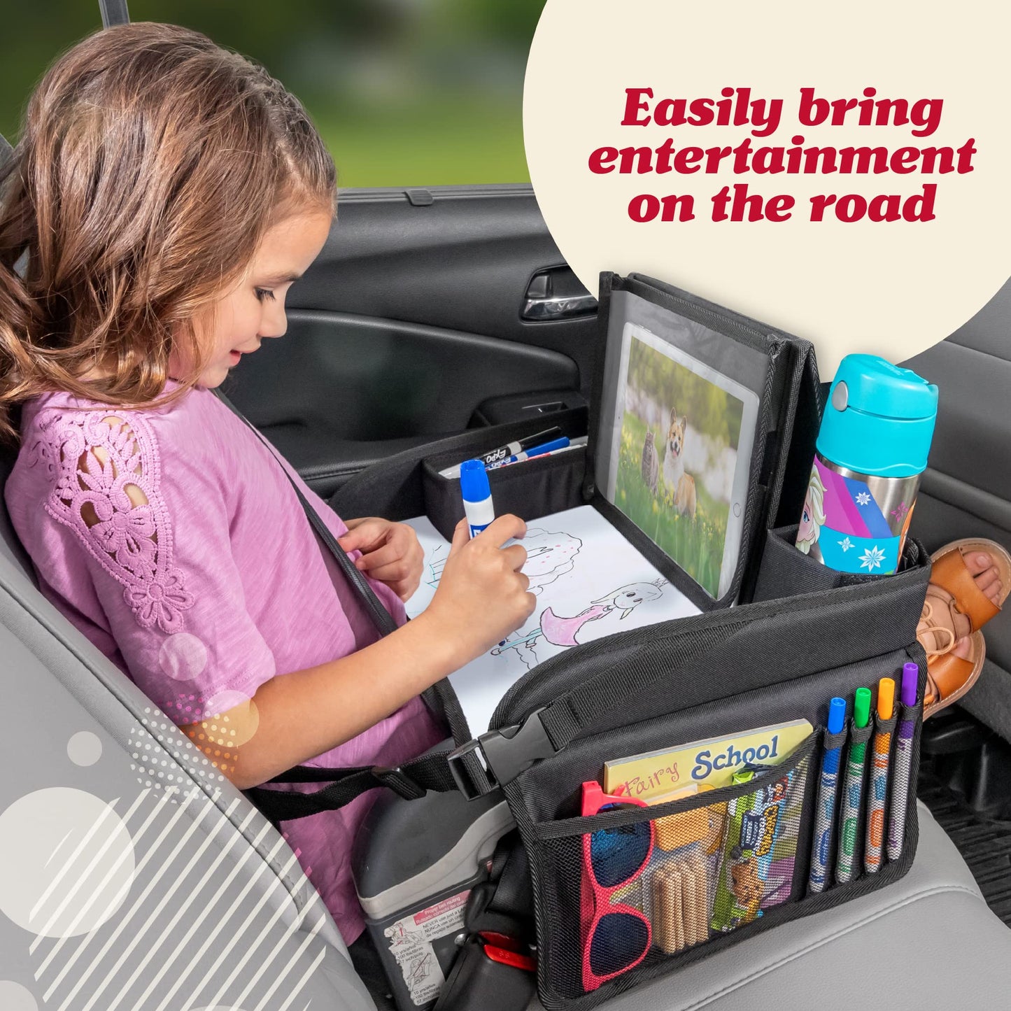 Lusso Gear Kids Car Seat Travel Tray - Dry-Erase Tablet Holder for Road Trip Activities - Cup Holder & Storage for Toddler Travel Essentials - Plane Activity Tray for Airplane Essentials - Dinos