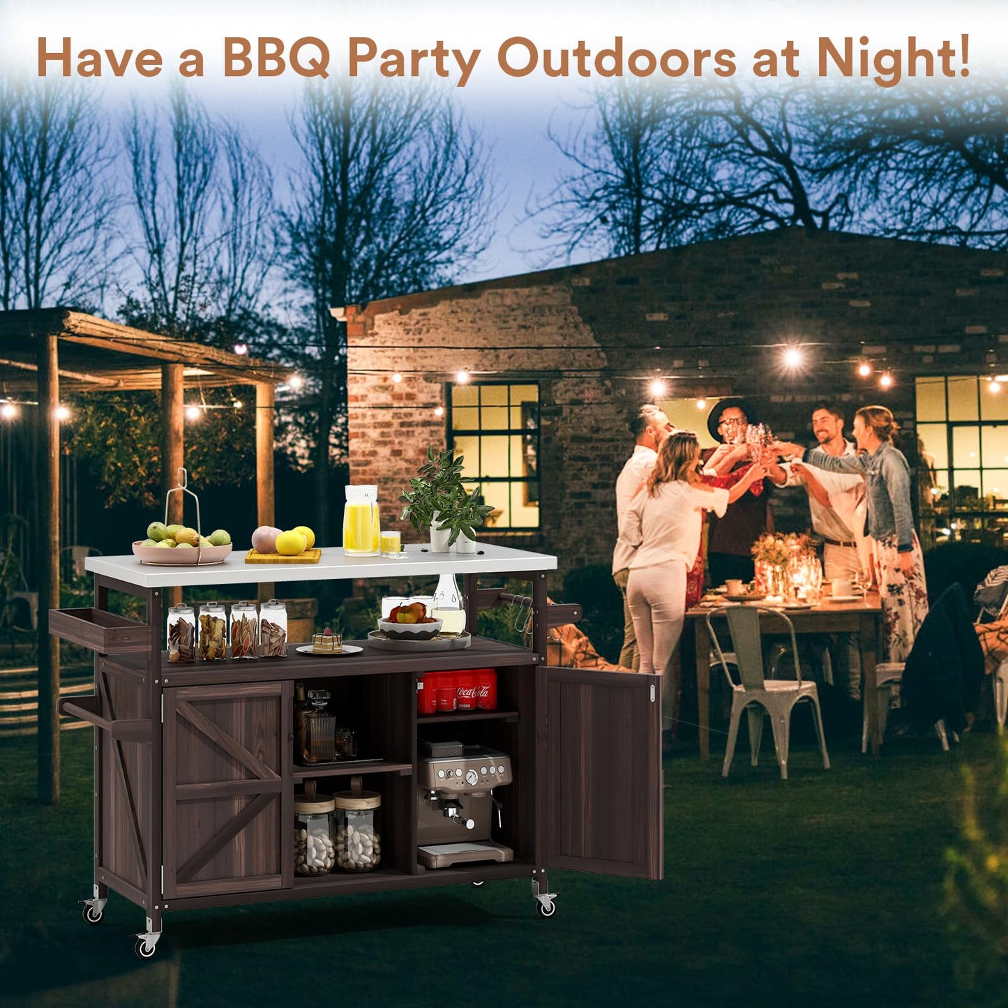 Zevemomo Outdoor Grill Cart with Storage, Stainless Steel Tabletop Outdoor Kitchen Island, Fir Wood Outdoor Buffet Cabinet with Lockable Wheels for Grilling, Dark Brown