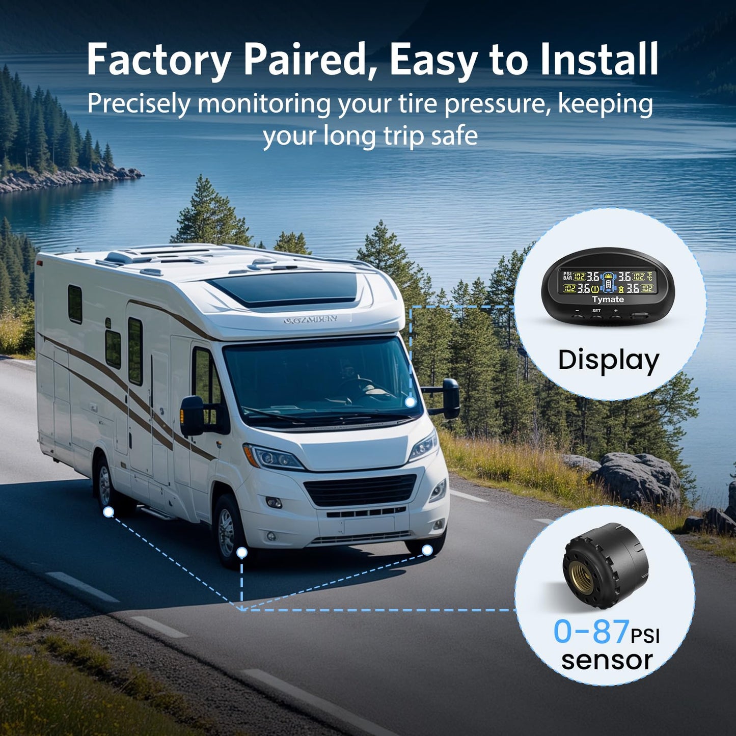 Tymate TM9 Tire Pressure Monitoring System, Compact Wireless Solar TPMS with 4 External Sensors & 6 Alarm Modes, Install on Windshield, Colorful Display, Ideal for RV SUV MPV Truck Sedan (0-87 PSI)