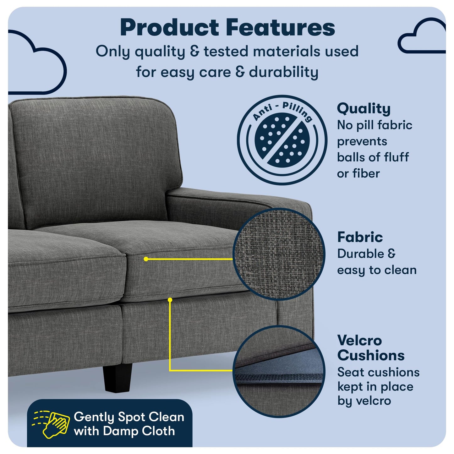 Serta Palisades 61" Track Arm Sofa, Easy Care Polyester, Soft Pillow Back, Pocket Coil Seat Cushions, Removable Covers, Loveseat or Couch for Small Spaces, Living Rooms or Bedrooms, Gray