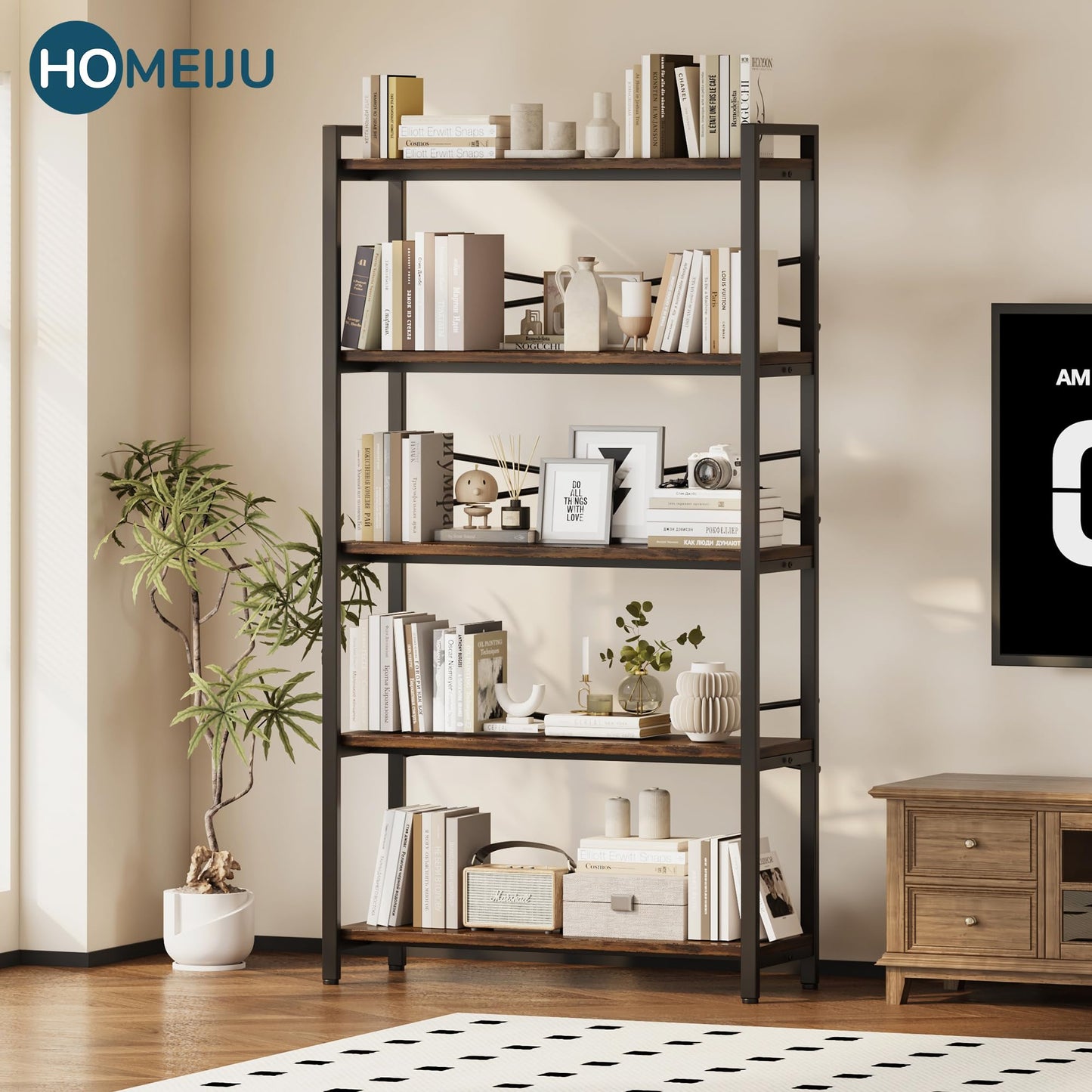 5 Tier Bookshelf 31.49" Width, Book Organizers and Storage, Wood and Metal Tall Bookcase, Rustic Book Shelf Organization and Storage for Home Living Room Bedroom Office Storage(Rustic Brown)