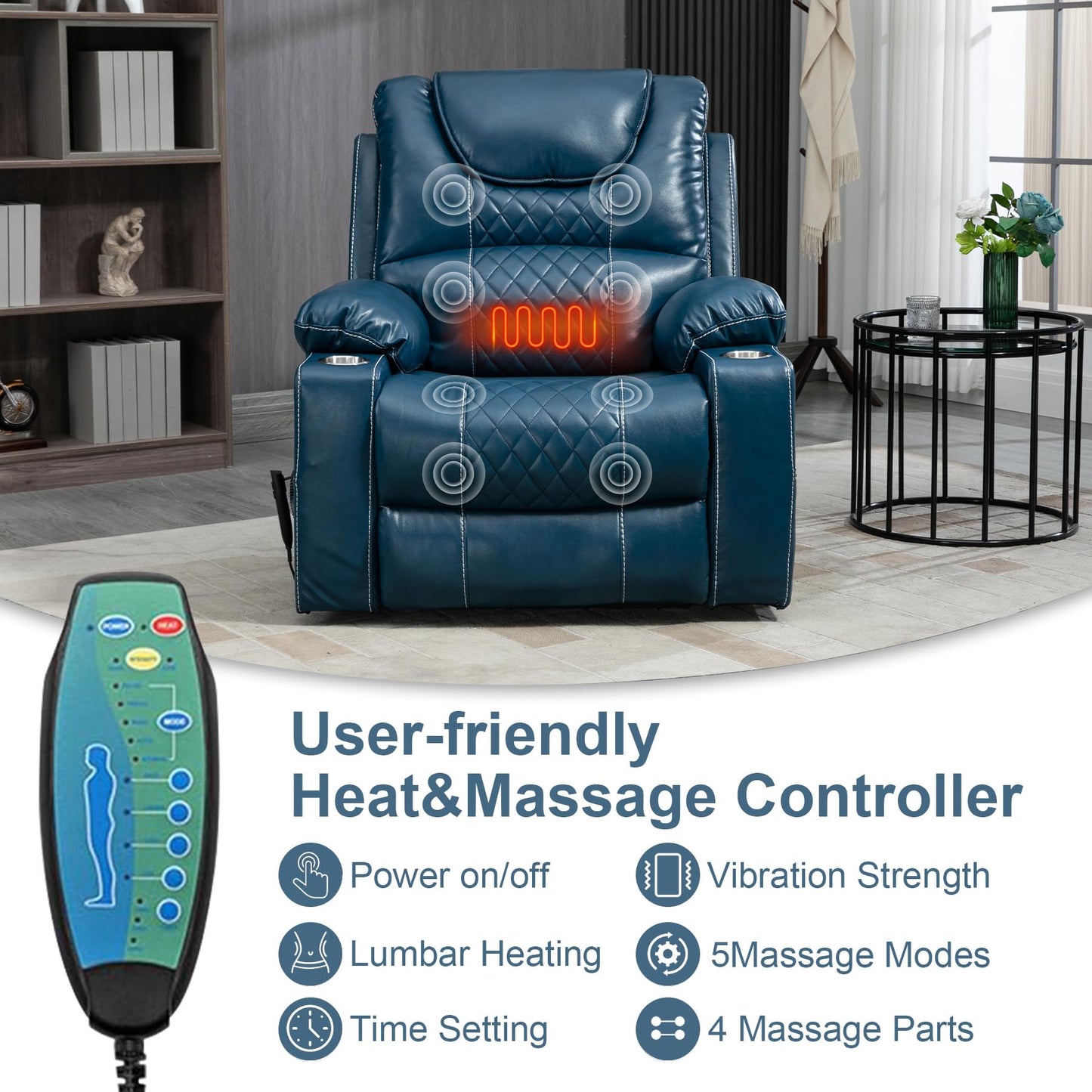 RHHVVR Oversized Power Lift Recliner Chair 400 LBS for Big and Tall, 25" Extra Wide Electirc Recliner Chair Living Room Sofa with Massage and Heating, Dual Motor Leather Home Theater Seat,Blue