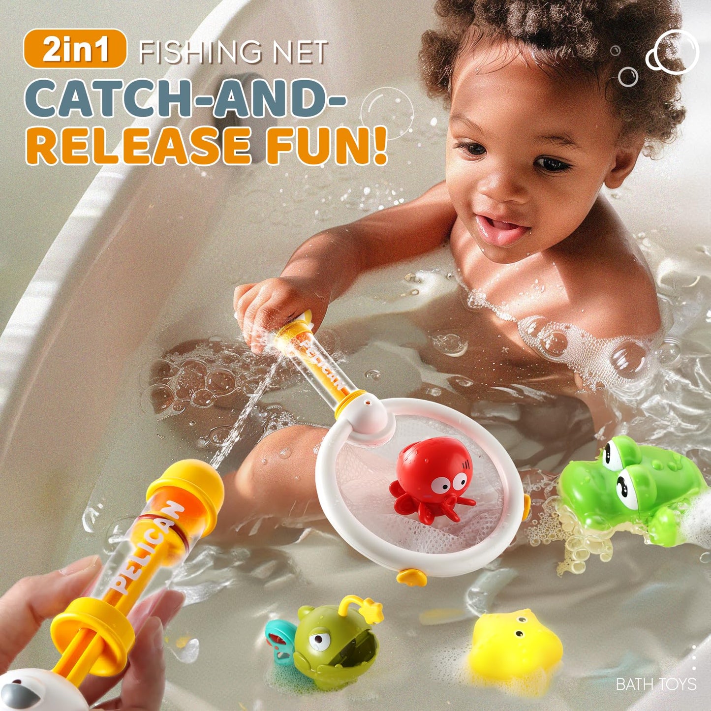 Aprilwolf Bath Toys for Kids, Magnetic Fishing Toys with Storage Bag and Light up Star, Wind Up Creatures Baby Bathtub Birthday Gifts for Toddlers 2-4 Boys Girls, 11 Pcs Set