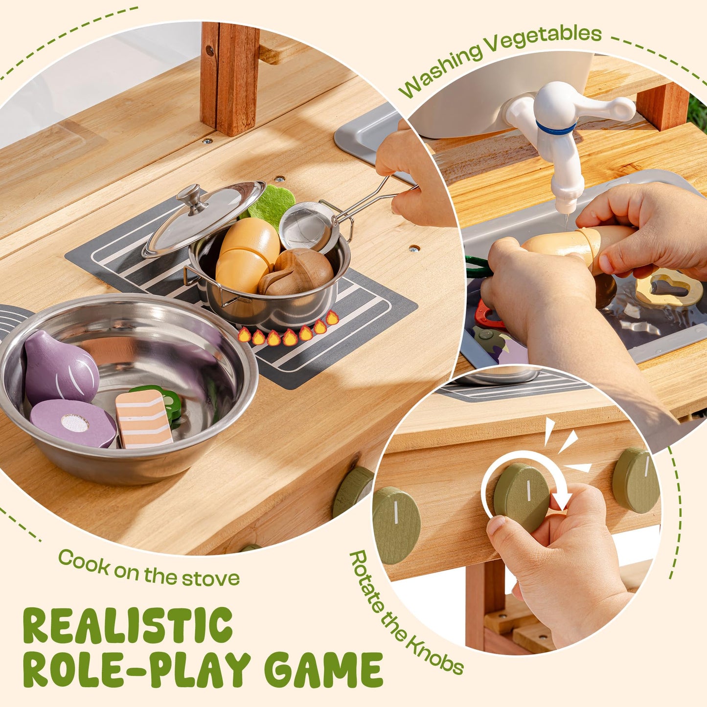 Robud Wooden Mud Kitchen for Kids, Outdoor Pretend Play Kitchen Set with Running Water Sink, Faucet, Planting Pots & Cooking Accessories, Educational Outdoor Toy Gift for Boys & Girls Ages 3+