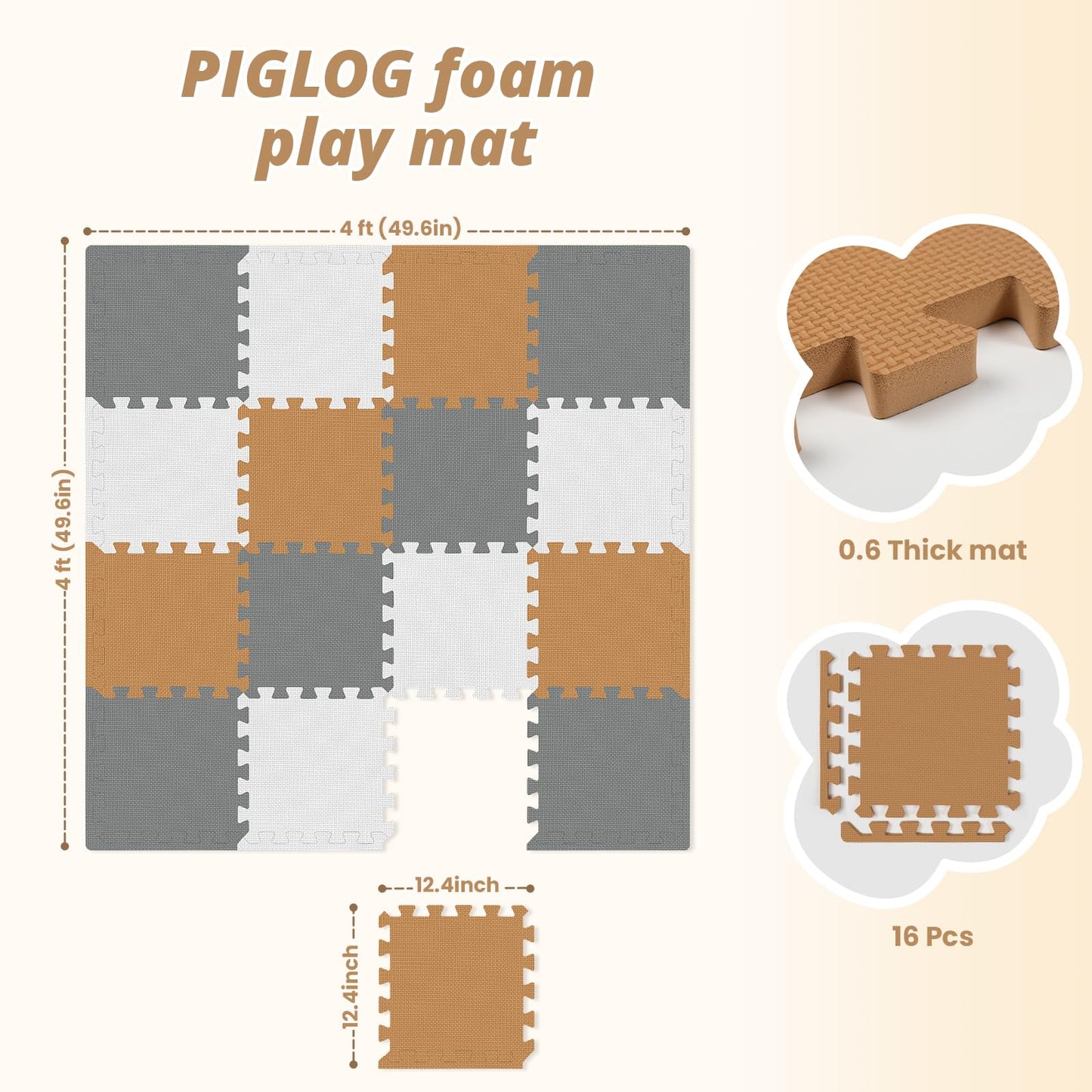 16 Tiles Baby Play Mat for Floor, EVA Foam Baby Floor Play Mat with 0.6 Inch Thick Interlocking Foam Tiles, Foam Floor Tiles for Baby, Toddlers and Kids (Brown-Gray-White, 16PCS)