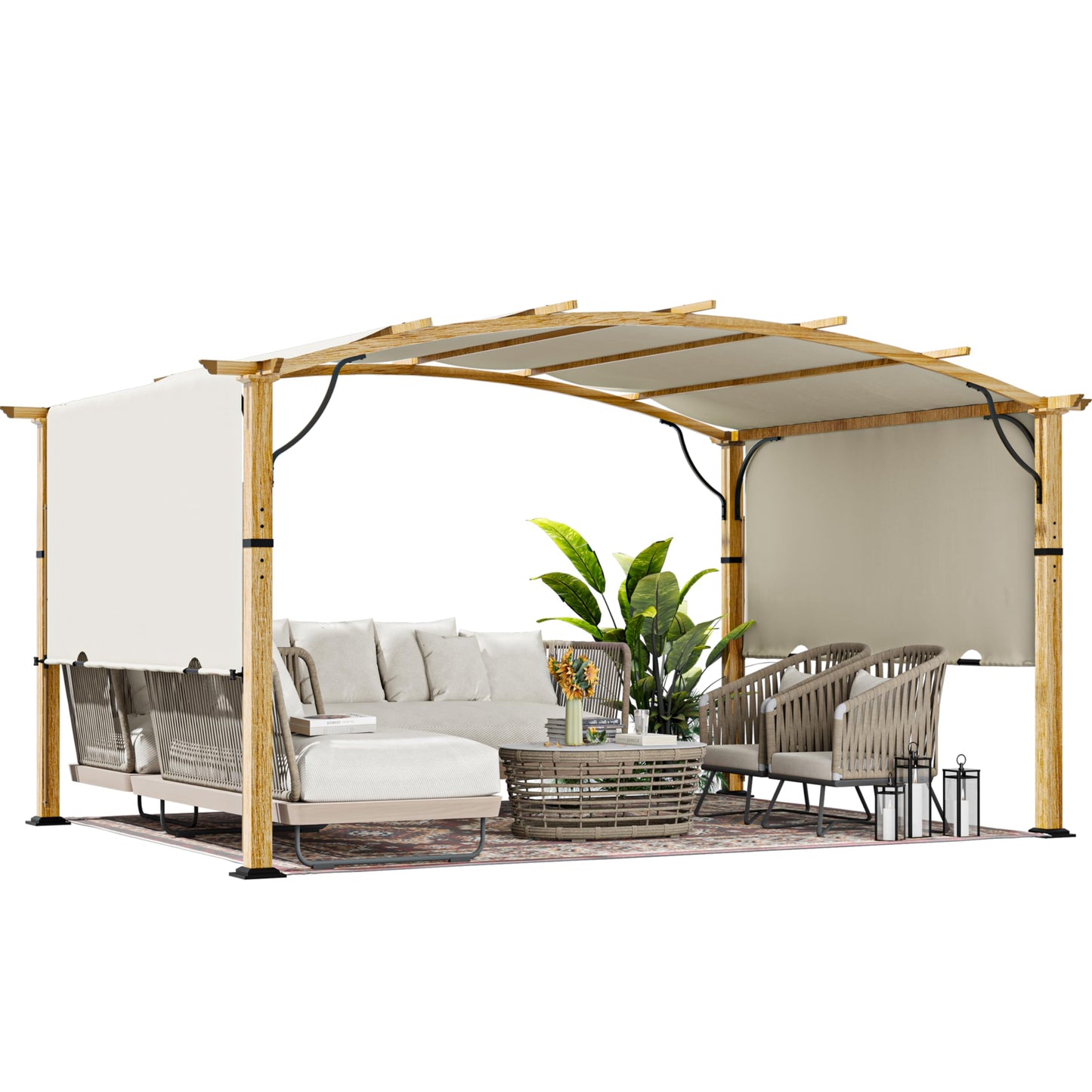 HAPPATIO 10' x13' Outdoor Retractable Pergola, Patio Metal Pergola with Sun Shade Canopy, Wood-Grain Aluminum Pergola with Canopy Fixed in Various Positions, Metal pergola for Backyards (Beige)