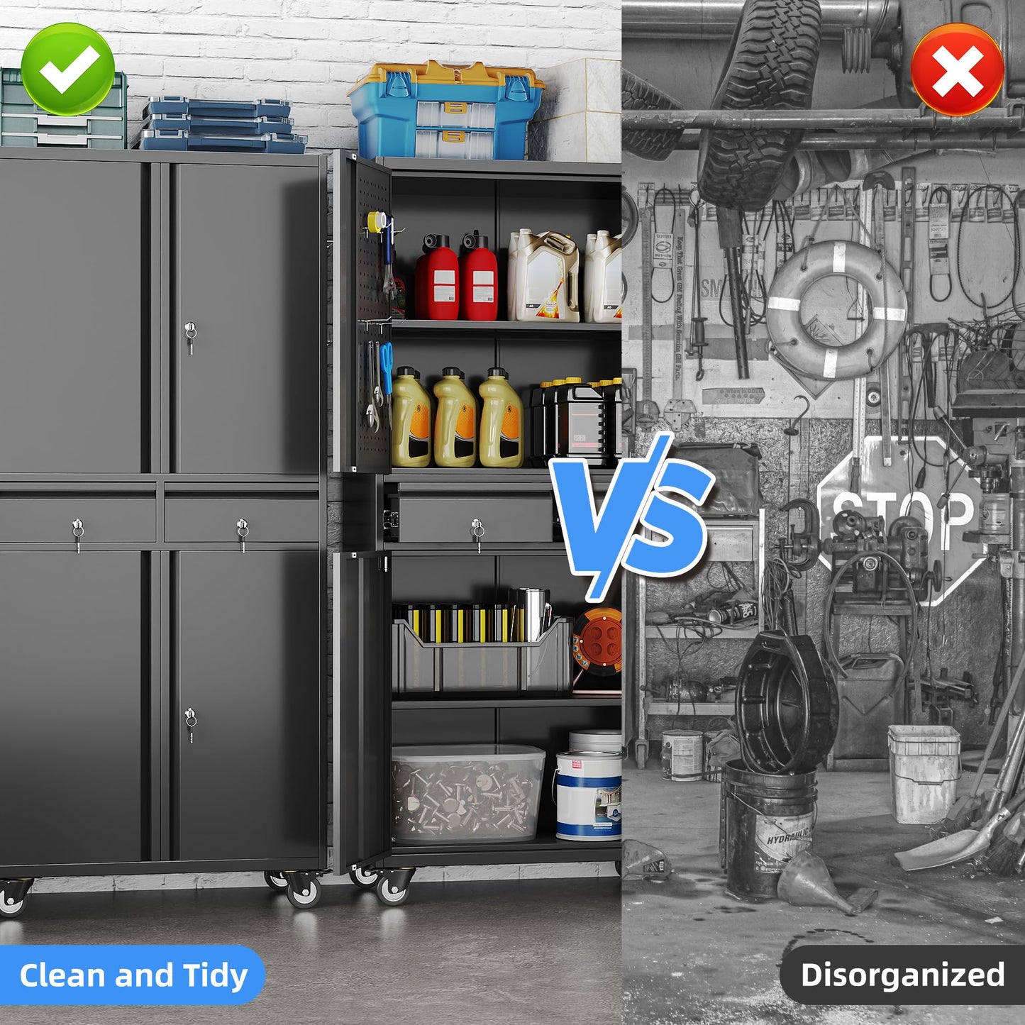 GLADIW Garage Storage Cabinet with Wheels, Metal Storage Cabinet with 2 Drawers and 2 Adjustable Shelves, Metal Lockers with Pegboards for Homes, Offices, Kitchens, Schools and Pantries