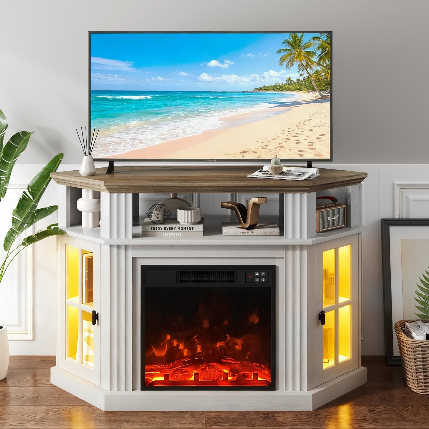 YESHOMY LED Corner Fireplace TV Stand with Mood Lighting, for TVs up to 55" with Storage Cabinets, Entertainment Center, Media Console for Living Room, Bedroom, White