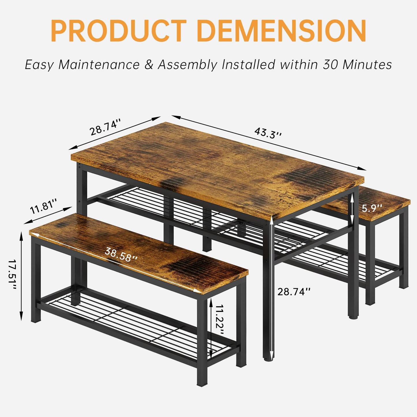 Lamerge 3-Piece Dining Table Set, Industrial Kitchen Table and Chairs Set for 4, Dining Table and 2 Benches with Storage Shelf, Dining Table Set for Dining Room Kitchen, Rustic Brown
