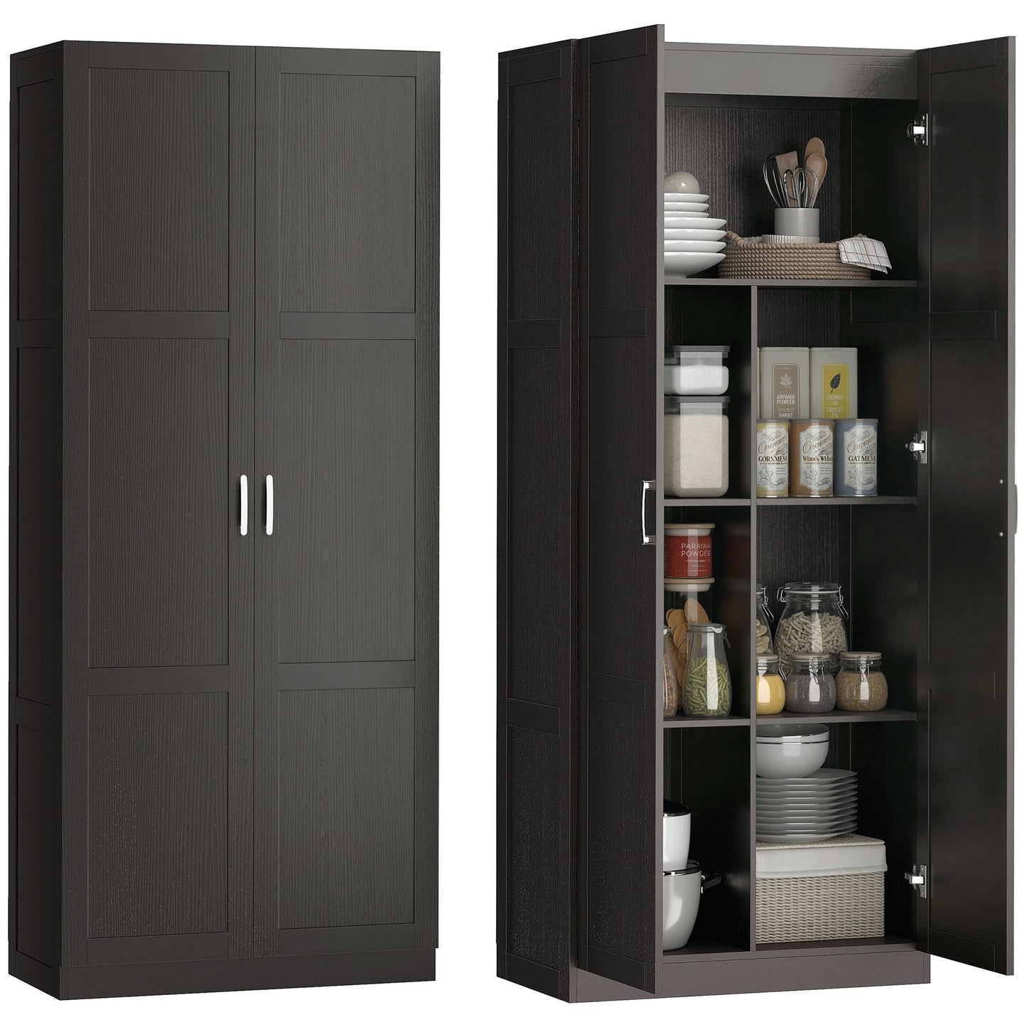 HOMCOM 71" Tall Kitchen Pantry Cabinet with Soft-Close Hinges, Modern Farmhouse Freestanding Pantry Storage Cabinet with 2 Framed Doors, 4 Adjustable Shelves, Espresso