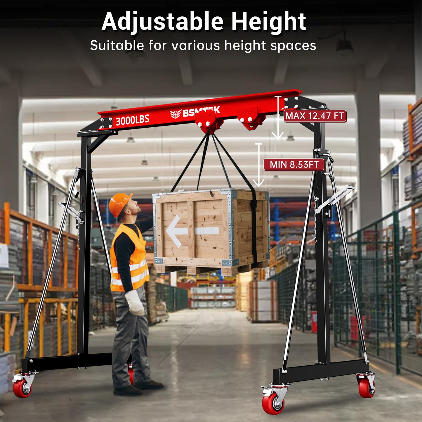 BSMTEK 1.5 Ton Gantry Crane Capacity, 3000LBS Adjustable Height (8.53-12.47 FT) & Width (6.56 FT), Steel I-Beam Construction, Portable Shop Hoist for Factories, Warehouses, Red-2026 Upgraded